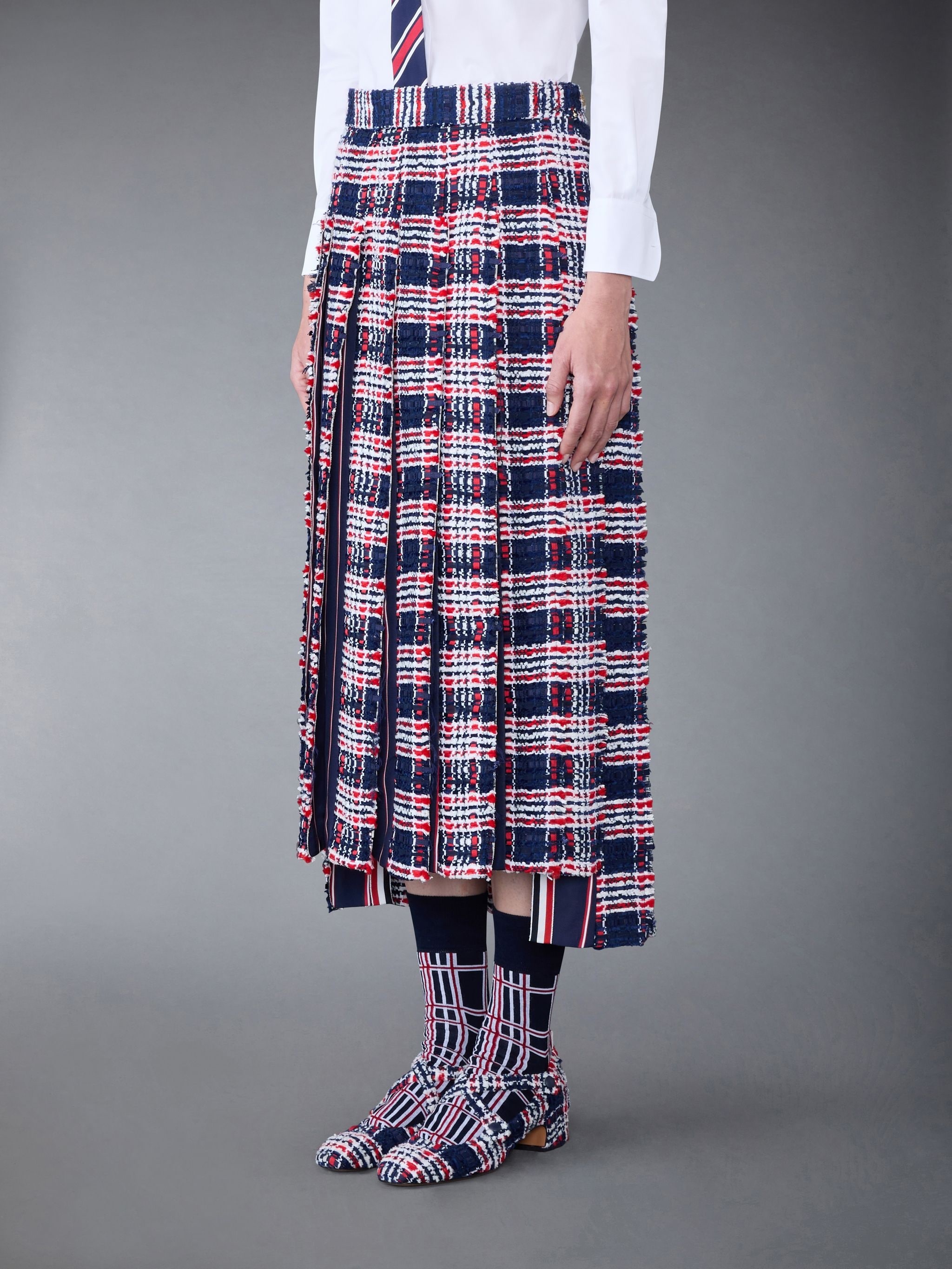 Prince of Wales Check Frayed Chenille Tweed Pleated Skirt - 2