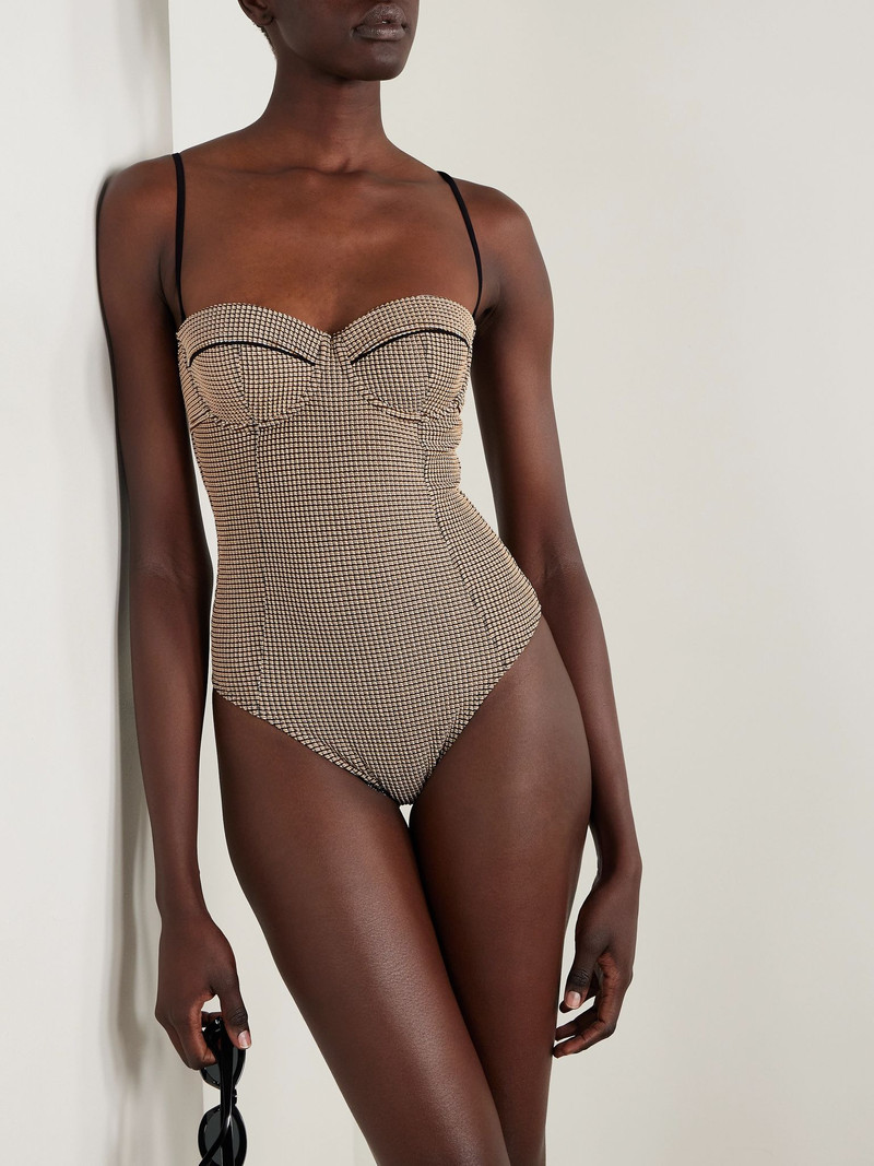 STAUD Maeve checked piqué underwired swimsuit Beige outlook