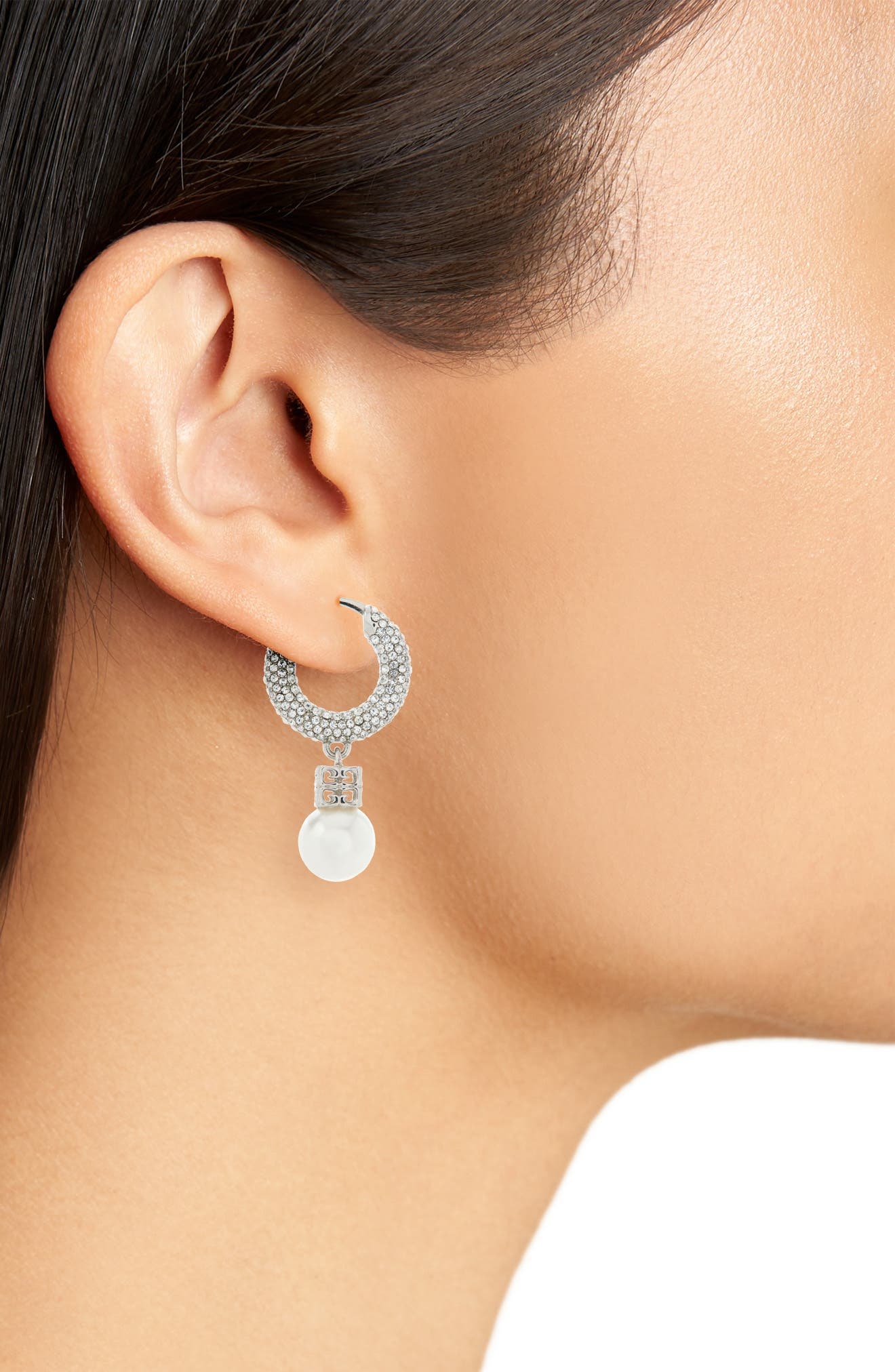 Givenchy Imitation Pearl & Crystal Hoop Earrings in Off White/Silvery at Nordstrom - 3