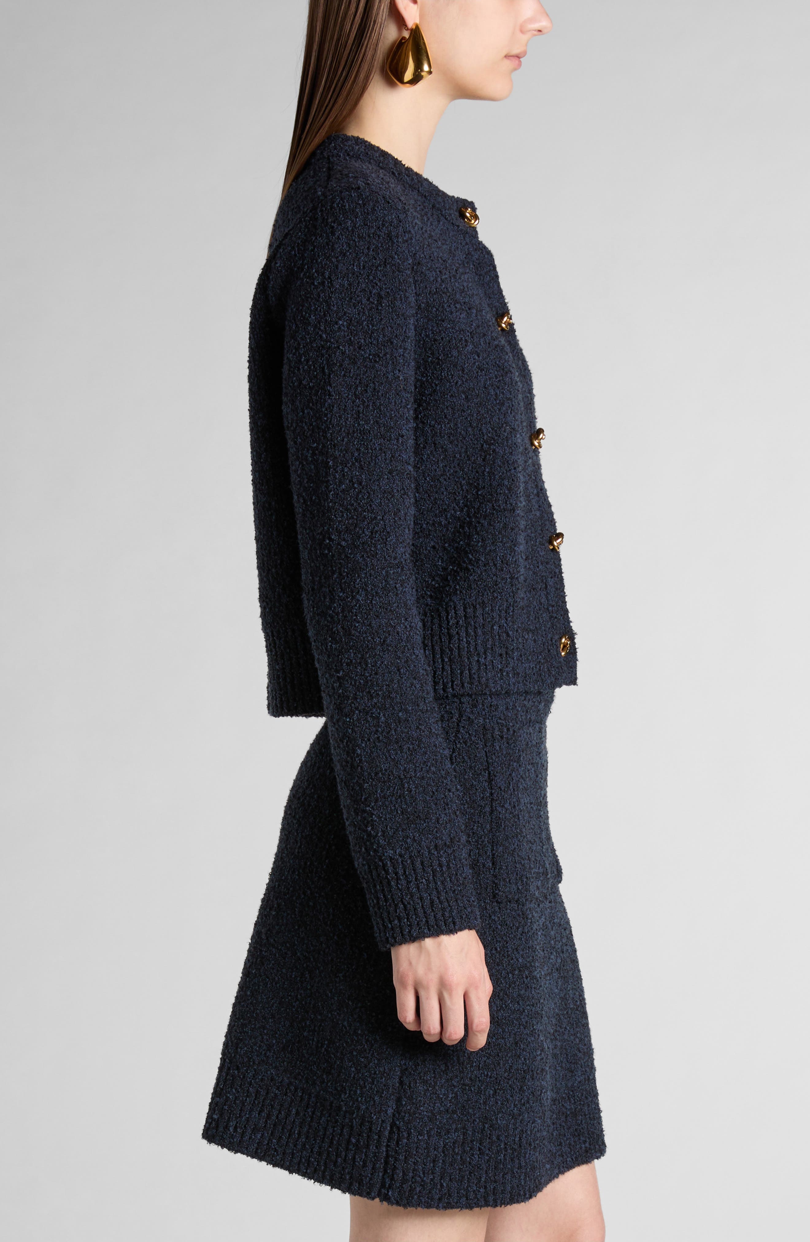 Bottega Veneta Knot Button Bouclé Cardigan in 4121 Navy at Nordstrom - 4