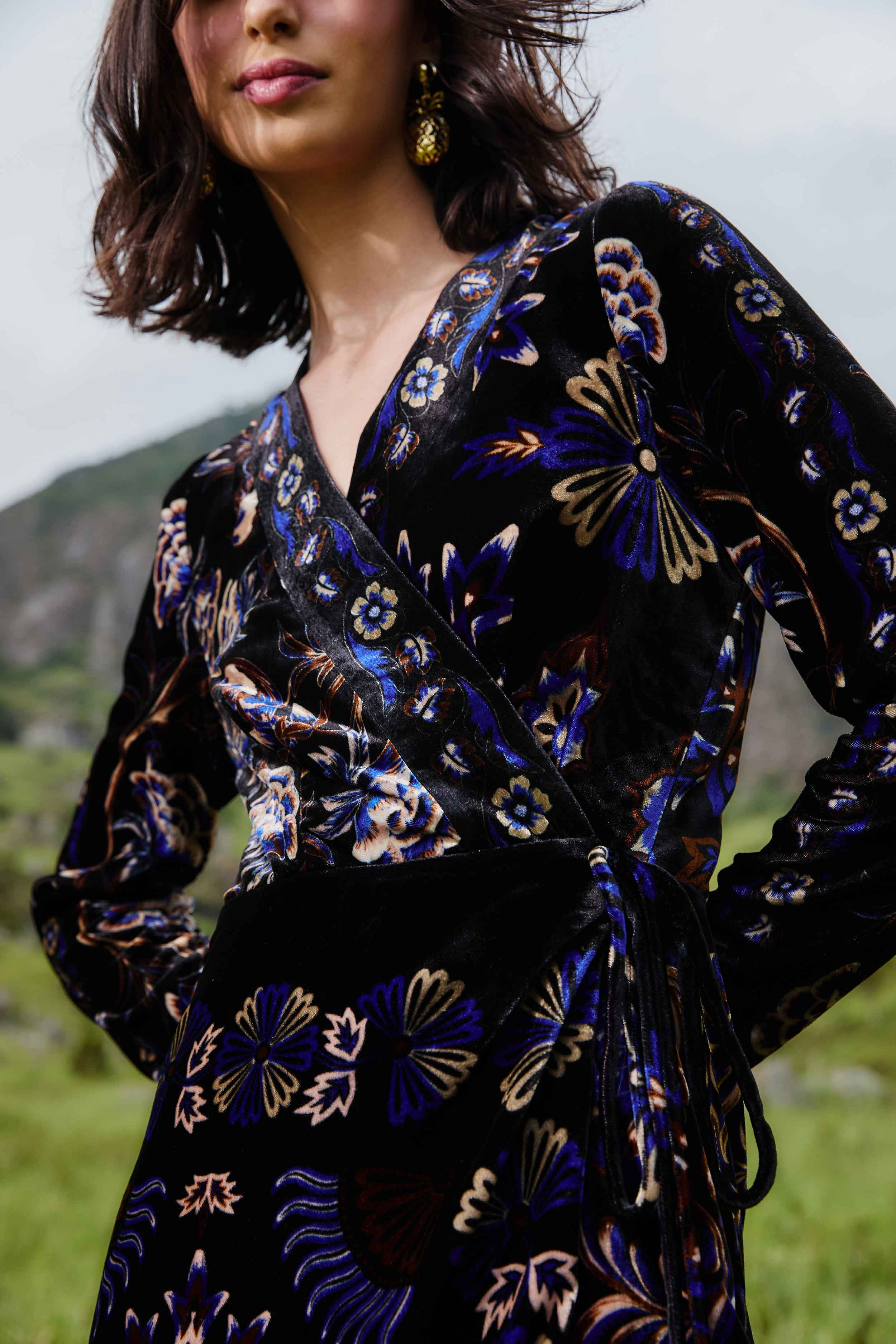Black Arabesque Mix Scarves Wrap Mini Dress - 4