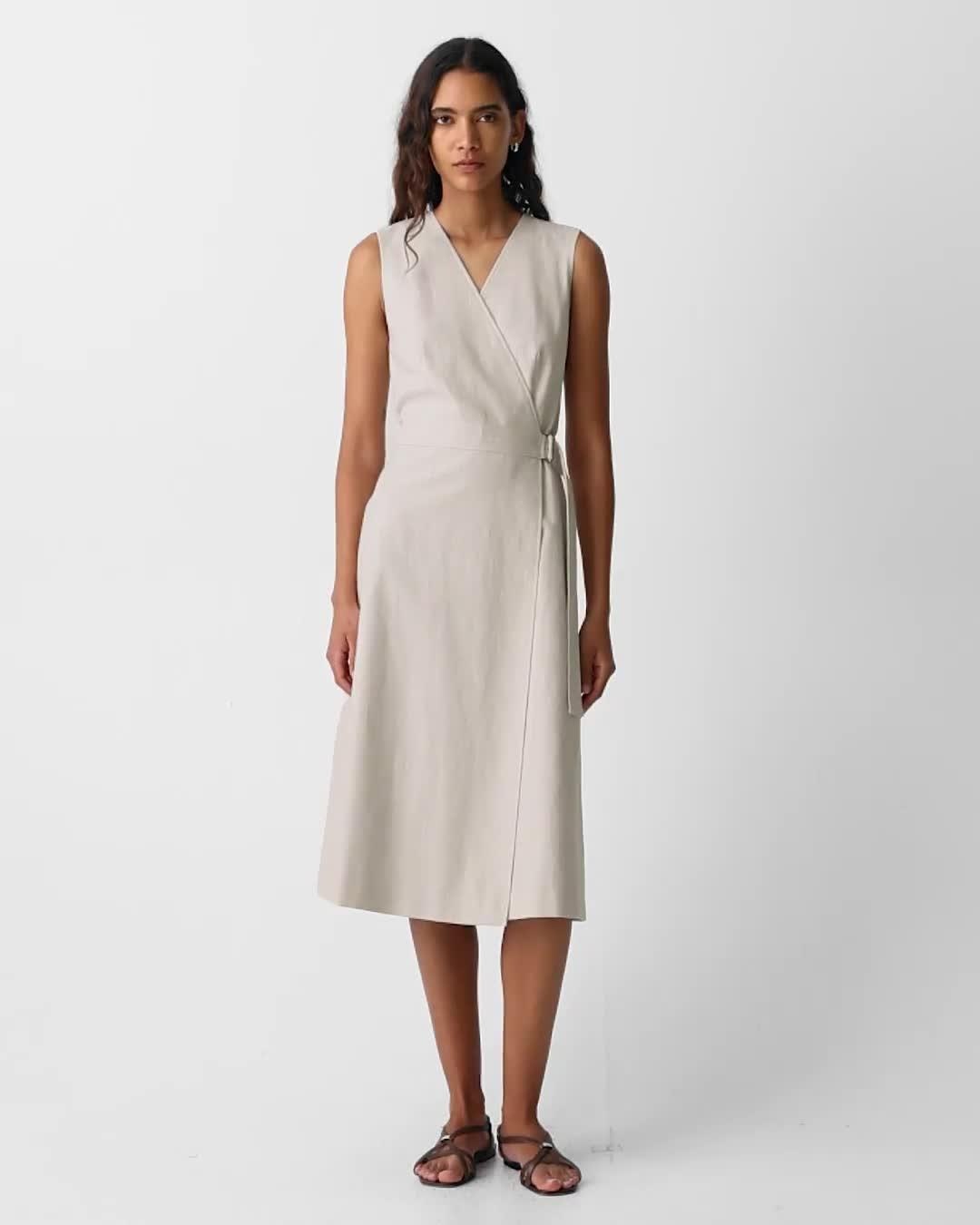 Sleeveless A-Line Wrap Dress in Striped Canvas - 7