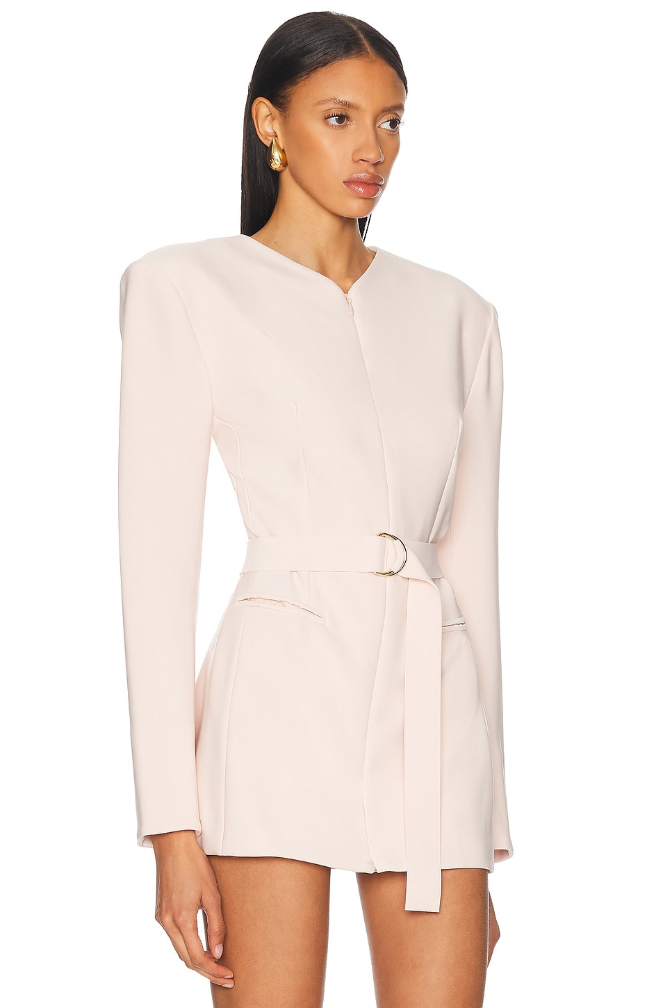 Long Sleeve Shoulder Pad V Neck Zip Front Jacket - 2