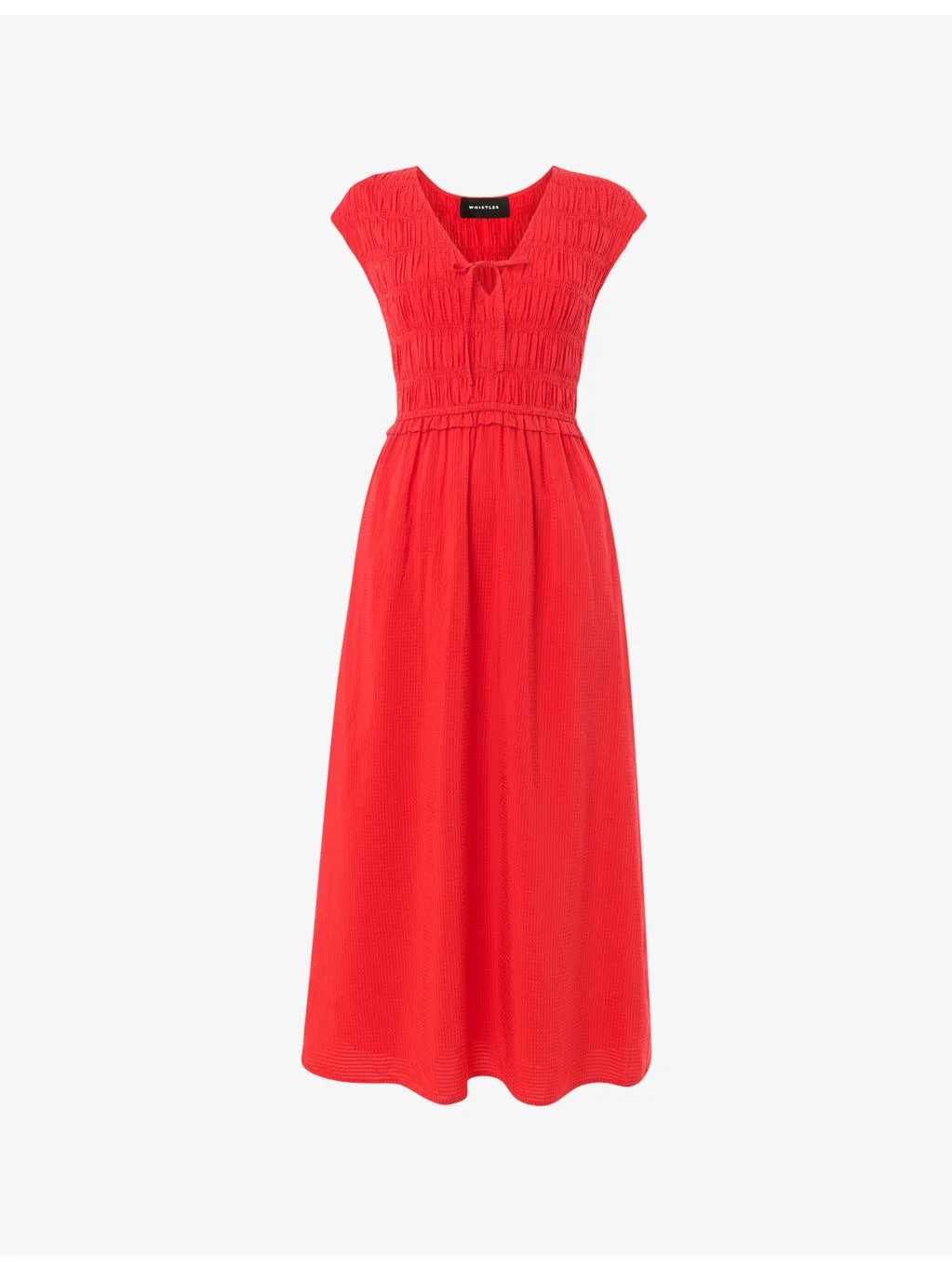 Shirred-Bodice V-Neck Midi Cotton-Blend Dress - 1
