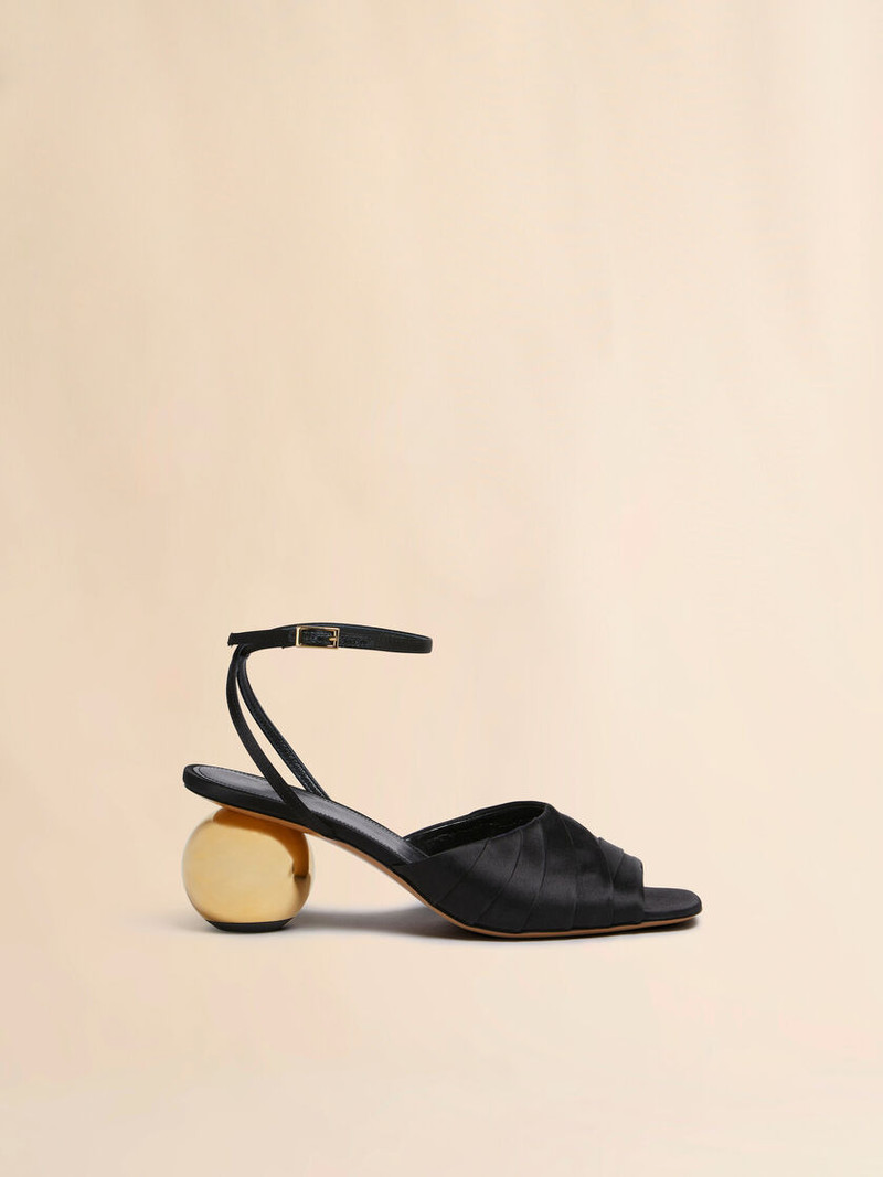 BLACK FOLDED SATIN SANDAL WITH SPHERICAL HEEL 1
