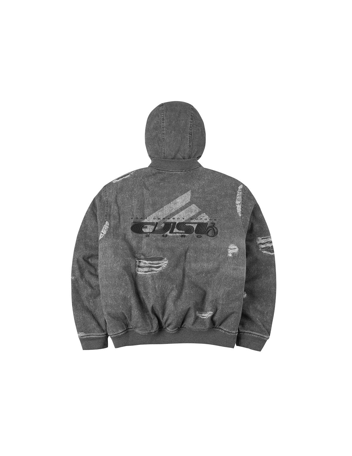 Distressed Print with Logo Embroidery Loose Fit Padded Boomer Jacket - 15