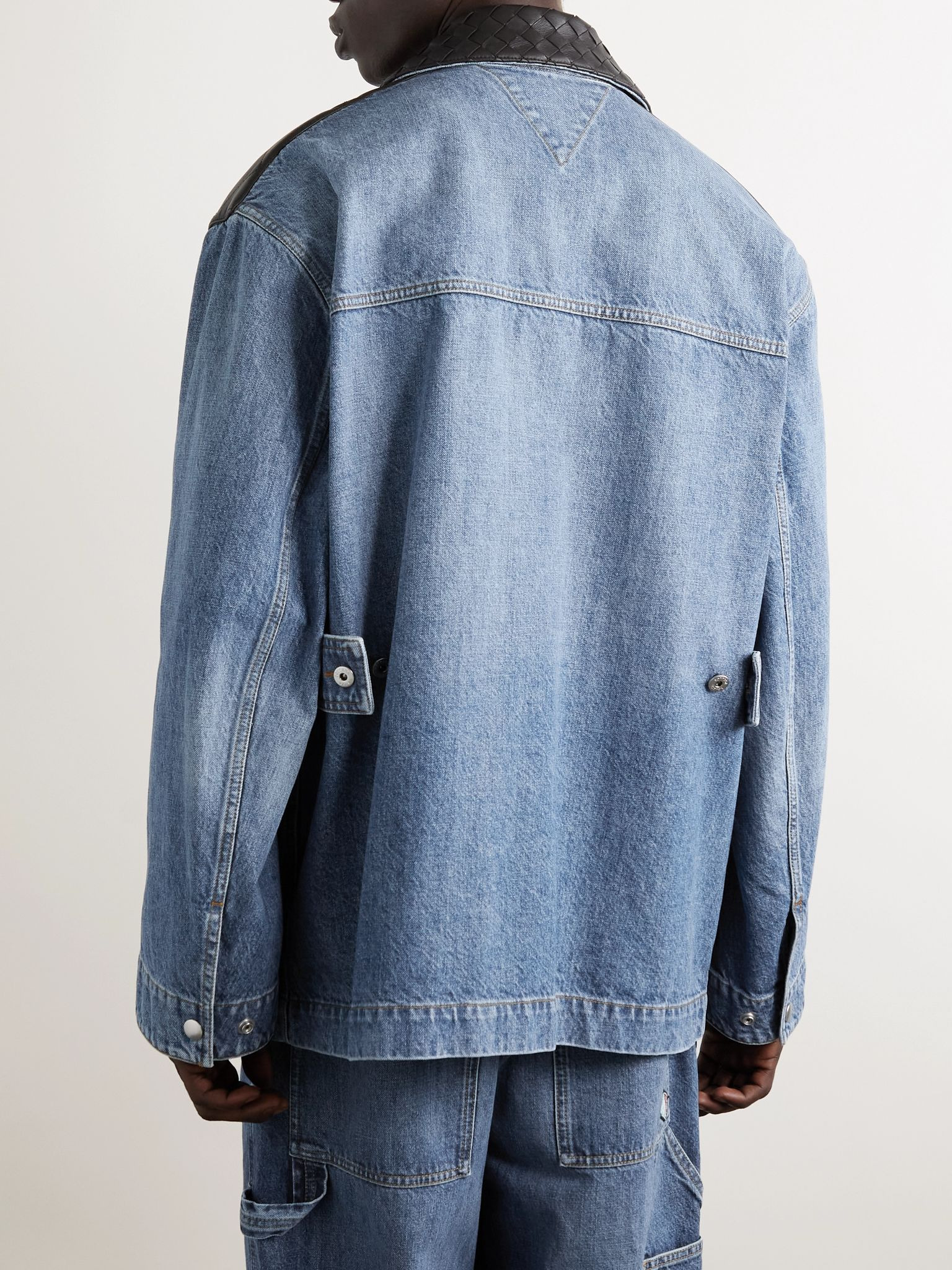 Intrecciato Leather-Panelled Denim Jacket Blue - 4