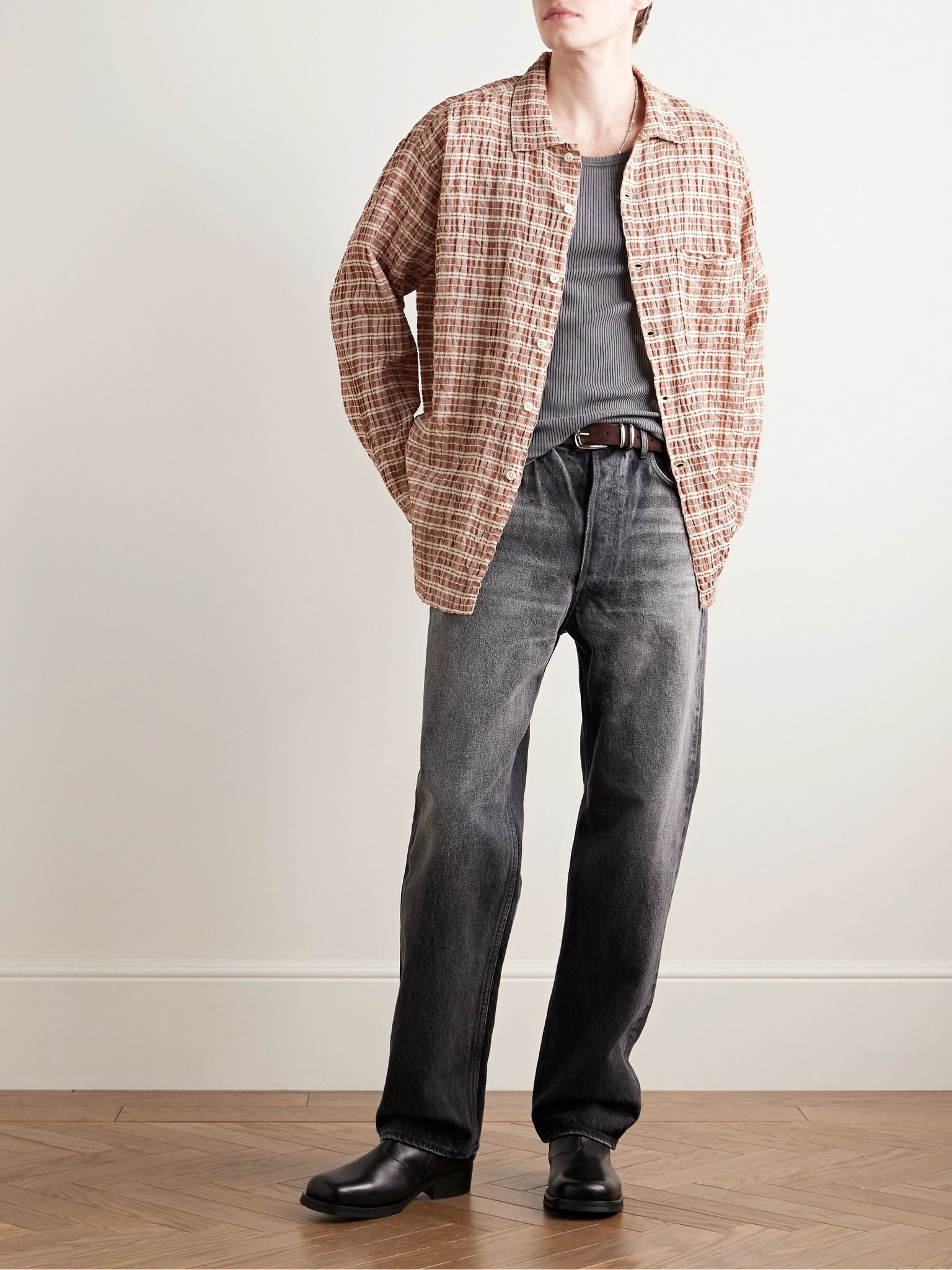 Mechanic Checked Cotton and Linen-Blend Seersucker Shirt Brown - 2