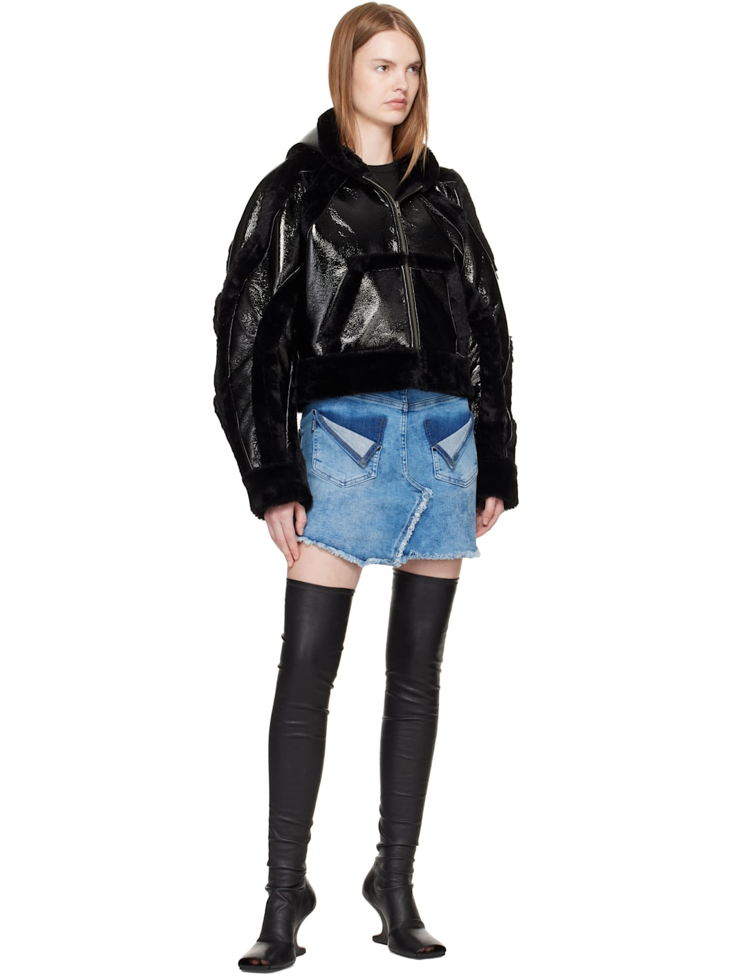 Black Fitted Multiline Faux-Fur Jacket - 4