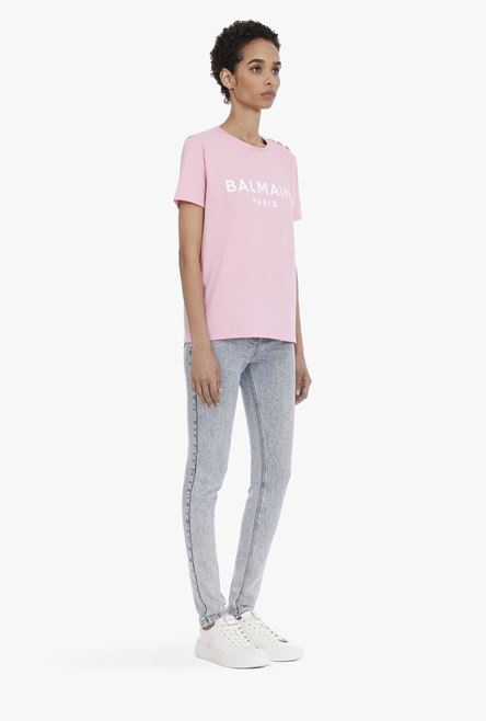 Pink cotton T-shirt with flocked white Balmain logo - 7