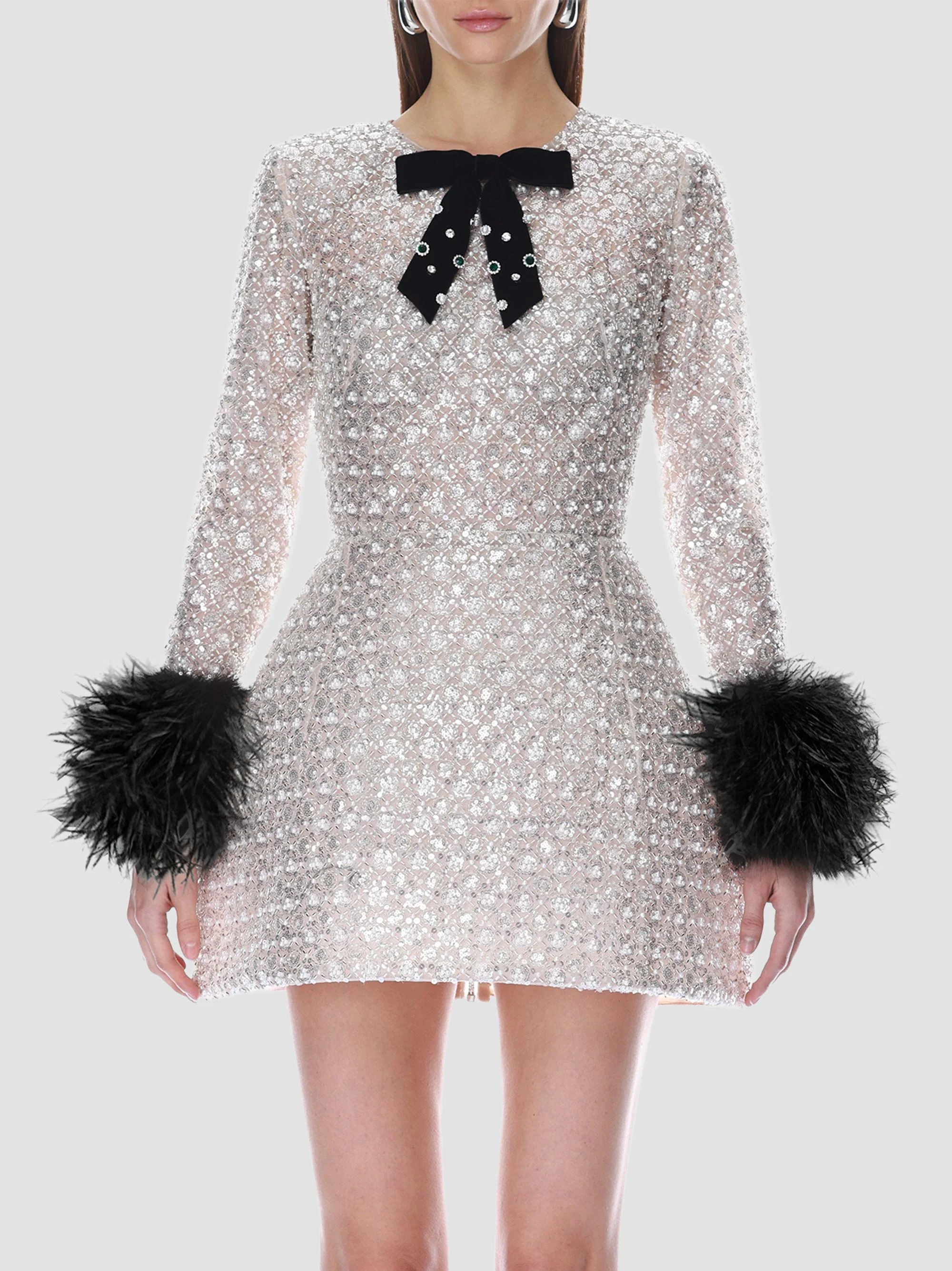 Women's Embellished Feather-Cuff Mini Dress - Silver - 1