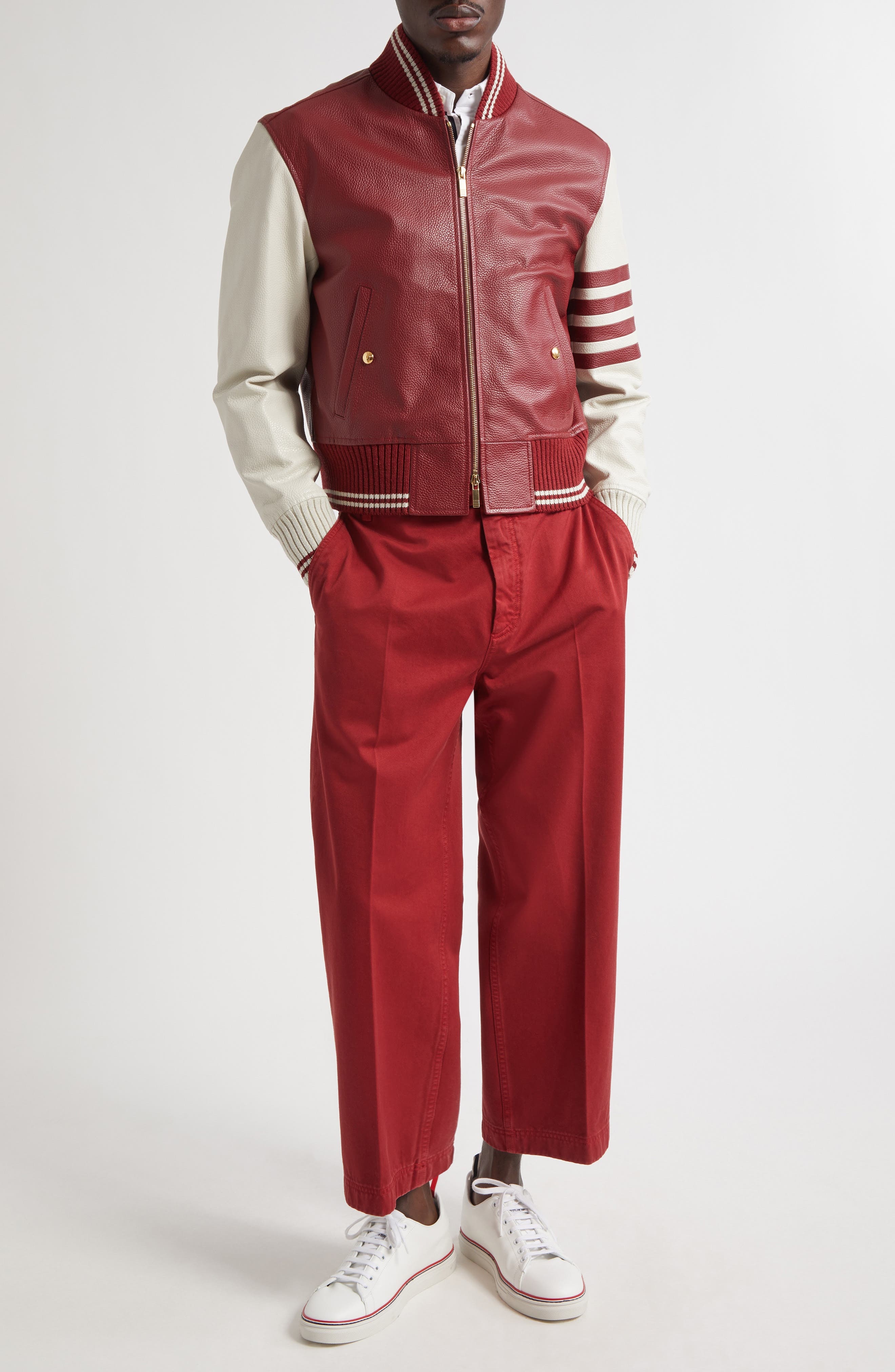 Thom Browne 4-Bar Leather Varsity Jacket in Burgundy at Nordstrom - 2