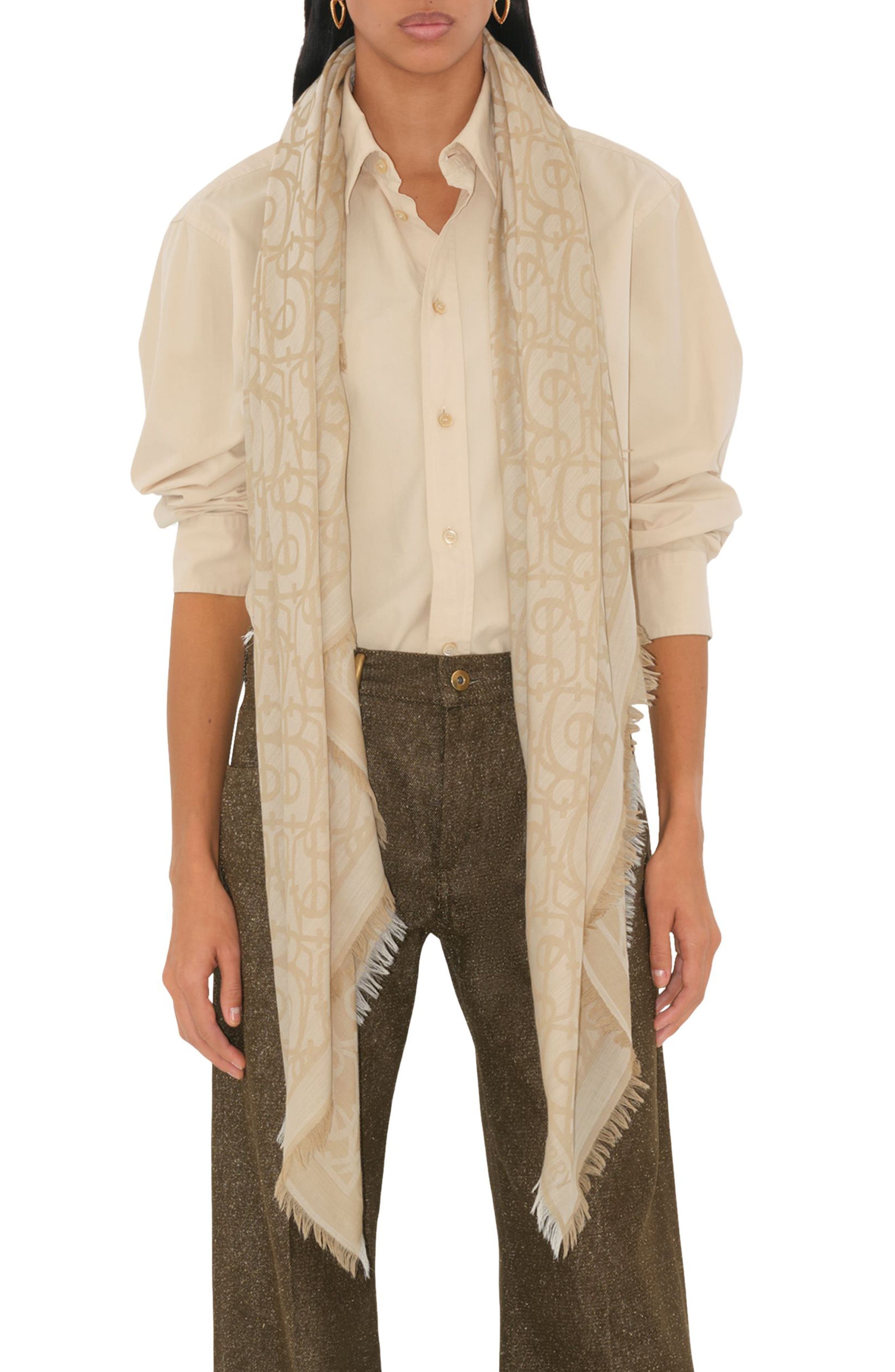 burberry B Charm Jacquard Wool Fringe Square in Sand at Nordstrom - 2
