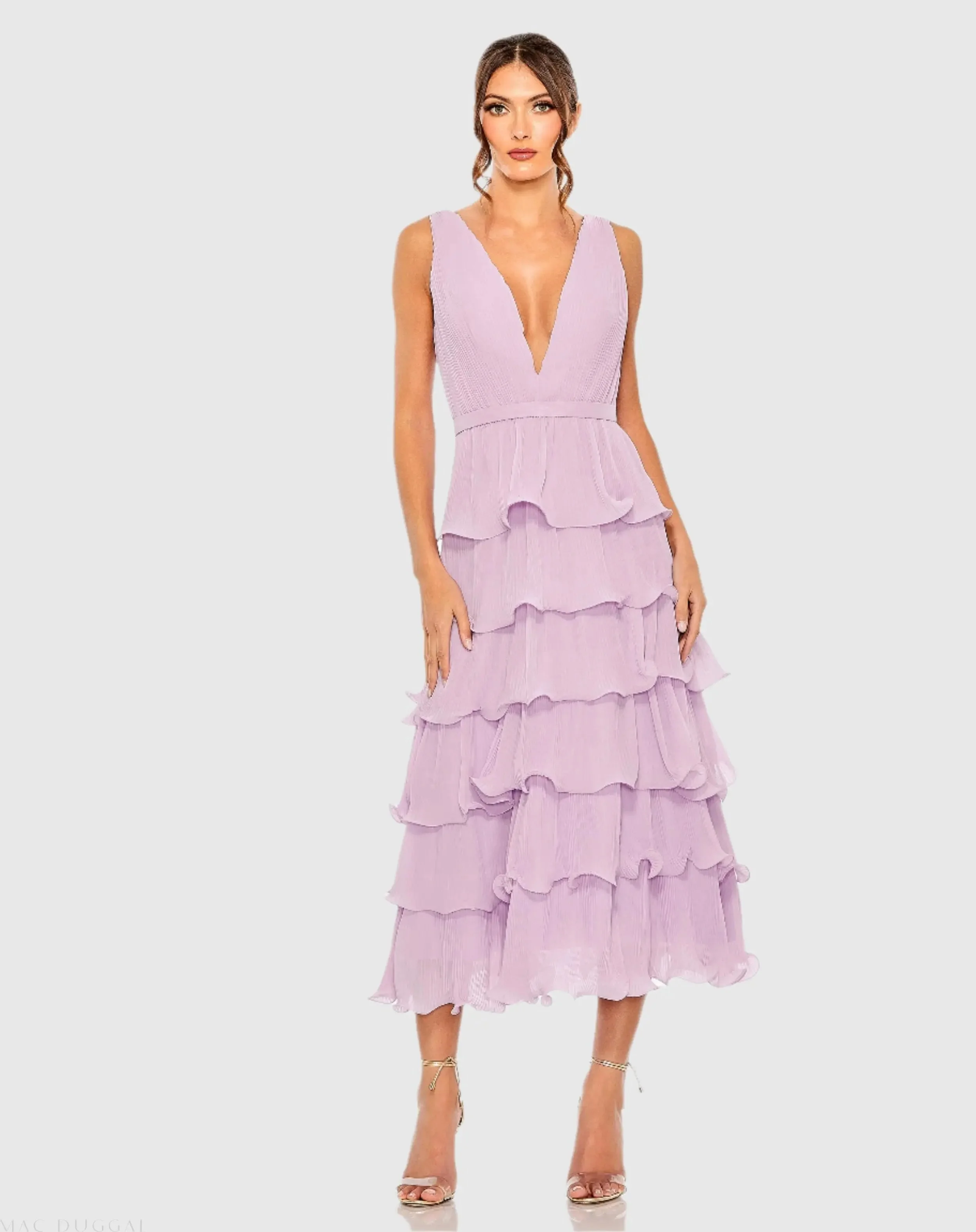 Purple Plunge Neck Sleeveless Chiffon Ruffle Midi Dress - 1