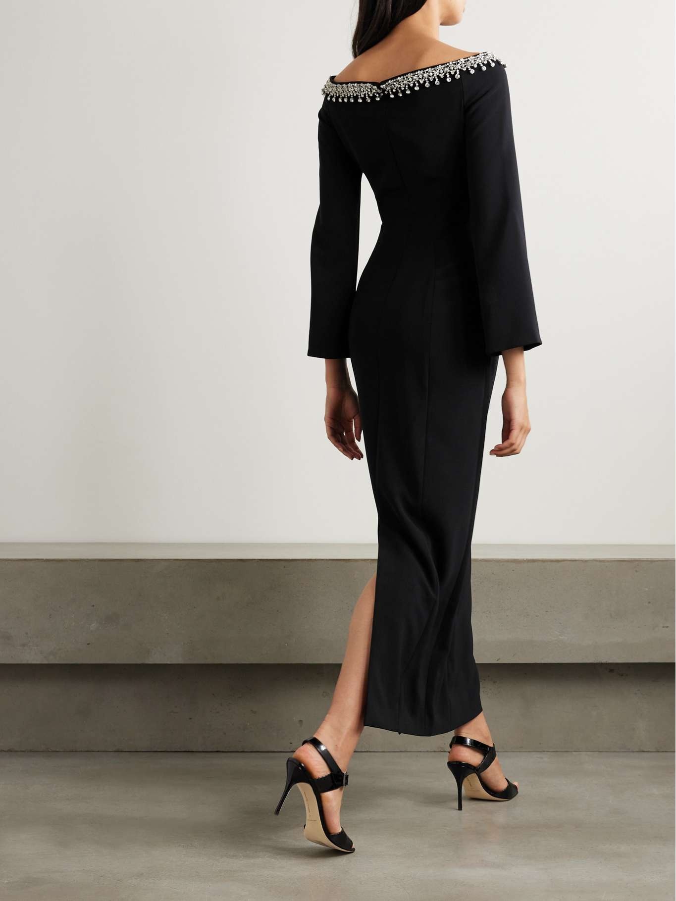 Off-the-shoulder embellished cady midi dress Black - 3