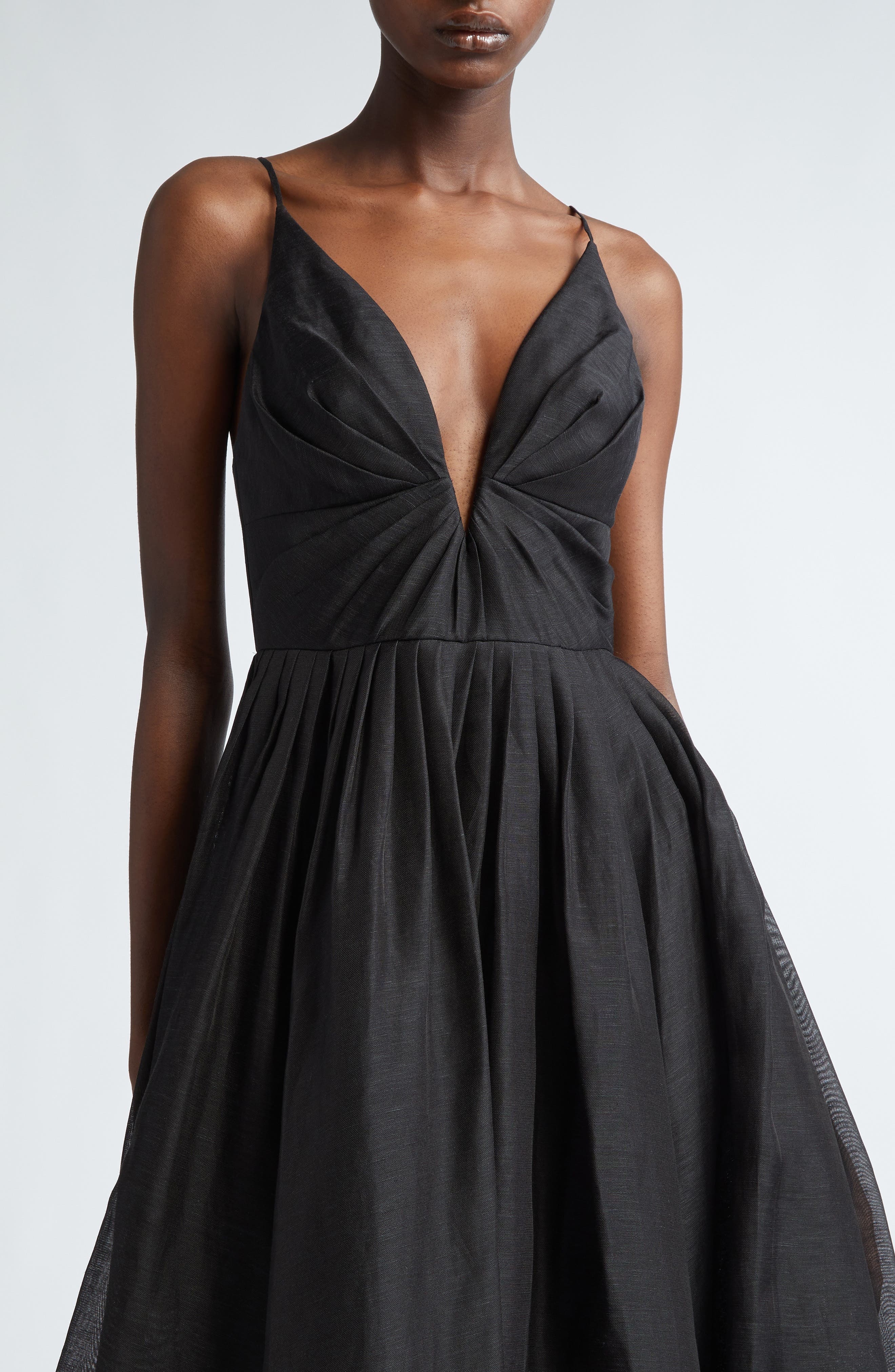 Zimmermann Illustration Plunge Neck Linen & Silk Organza Midi Dress in Black at Nordstrom - 4