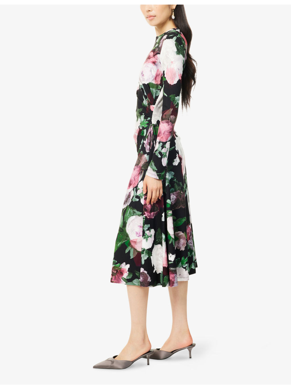 Floral Draped Stretch-Woven Midi Dress - 3
