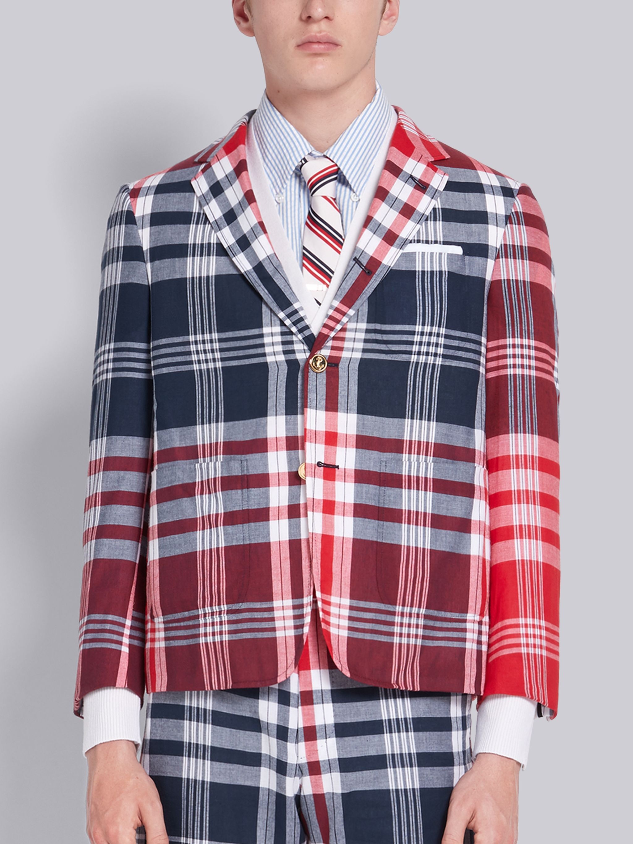 Multicolor Large Plaidmadras Check Cotton Sack Sport Coat - 1