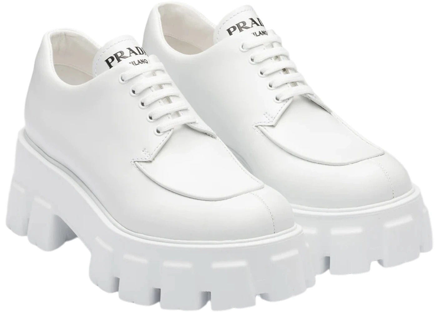 Prada Monolith 55mm Lace Up Loafer White Brushed Leather - 2