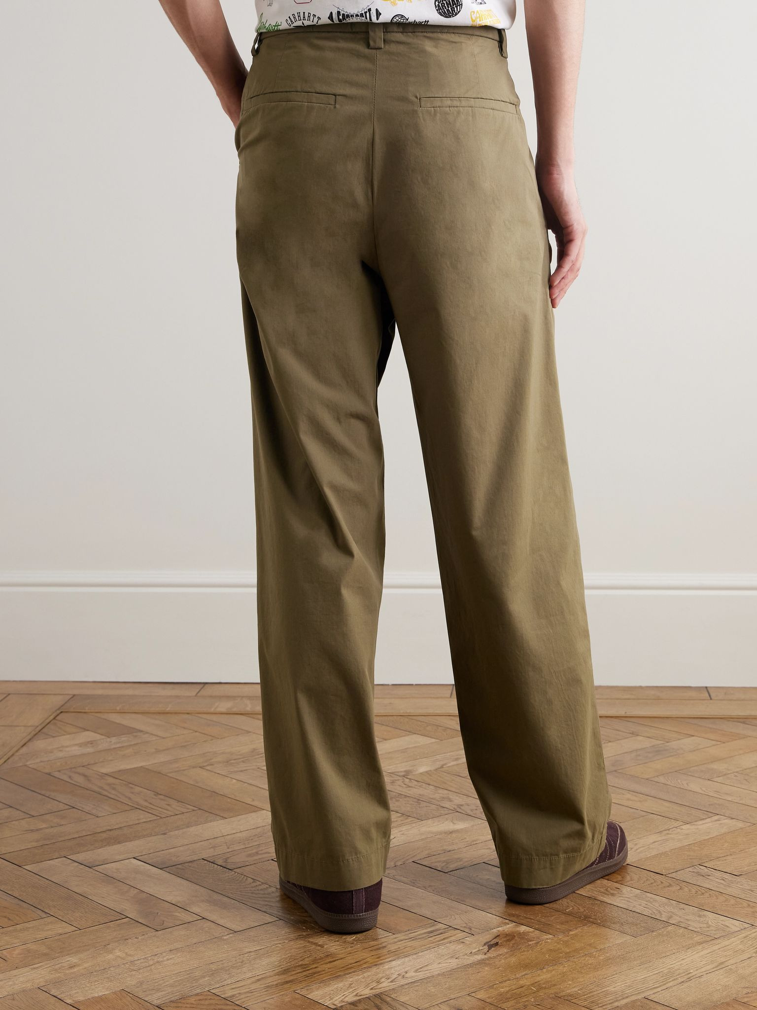 Slater Straight-Leg Pleated Cotton-Twill Trousers Green - 4
