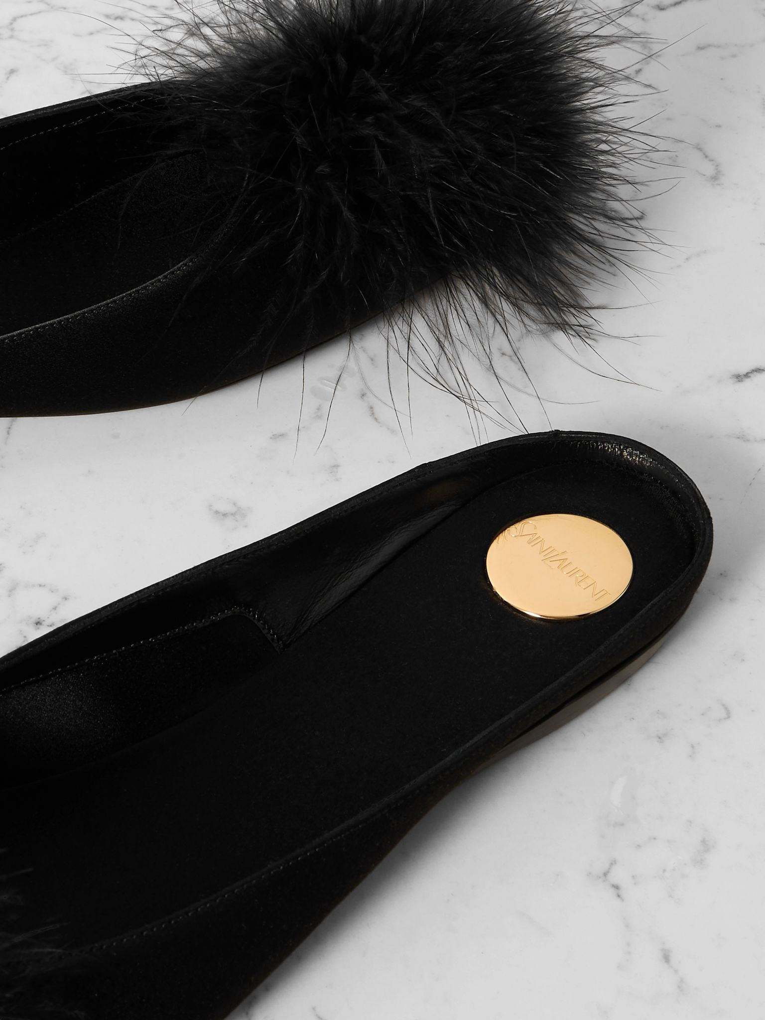 Lido feather-trimmed satin slippers Black - 4