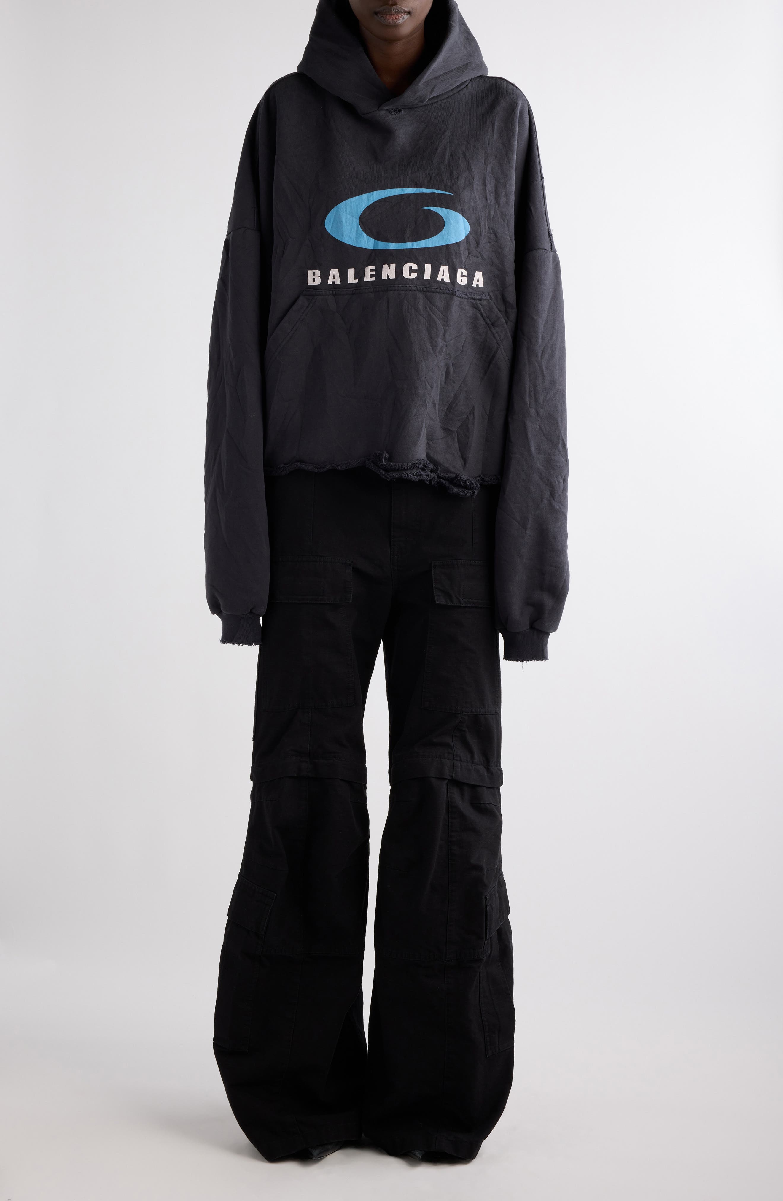 Balenciaga Logo Distressed Crop Graphic Hoodie in Washed Black/Blue at Nordstrom - 2