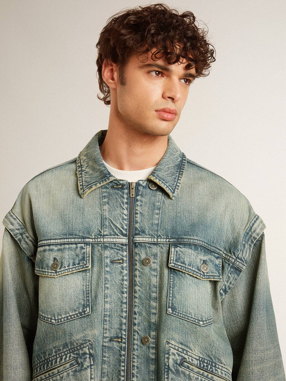 Men's washed denim jacket with wool blend ribbing - 5