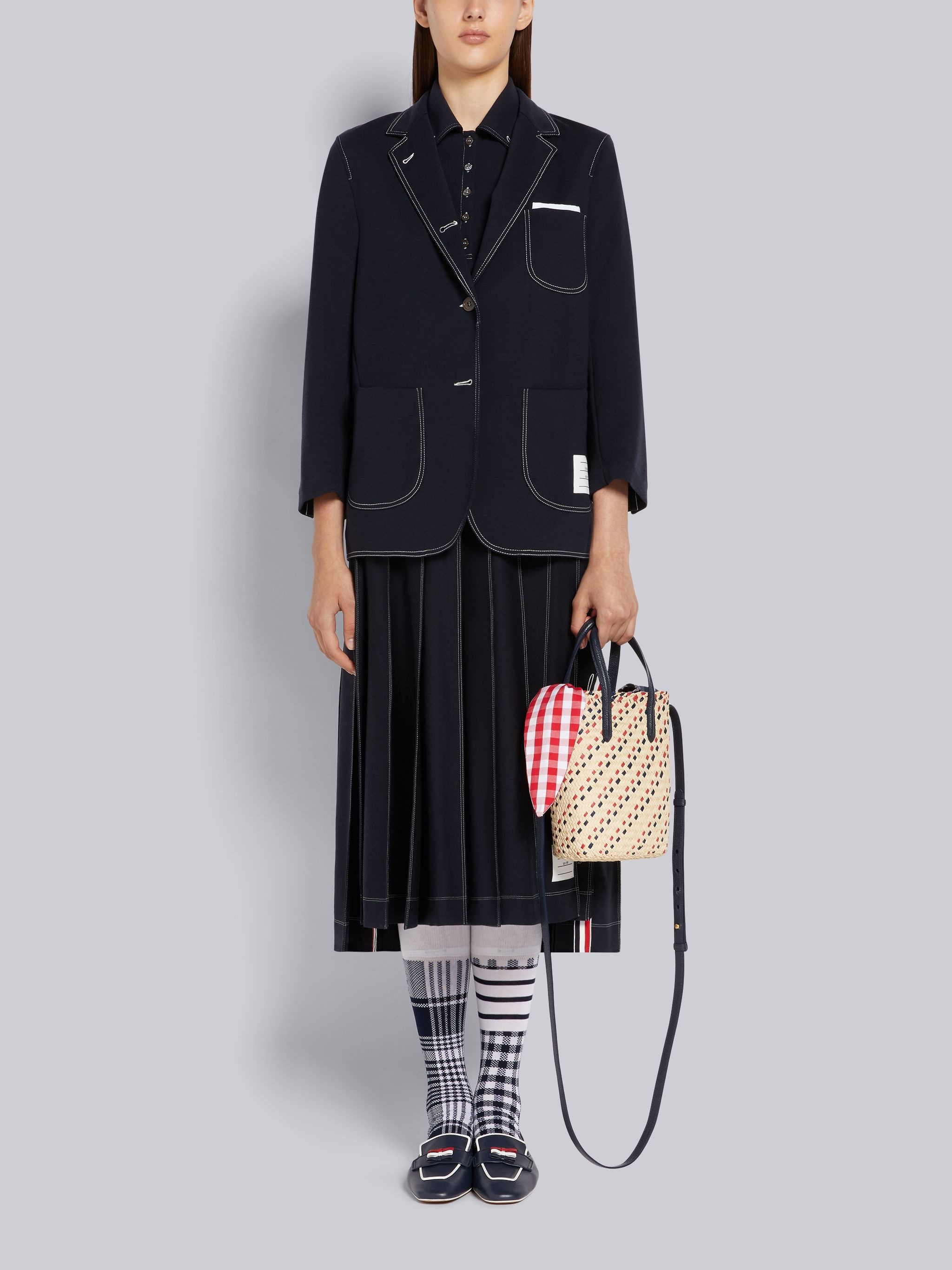Navy Wool Tech Milano Contrast Stitch Pleated Below the Knee Skirt - 4