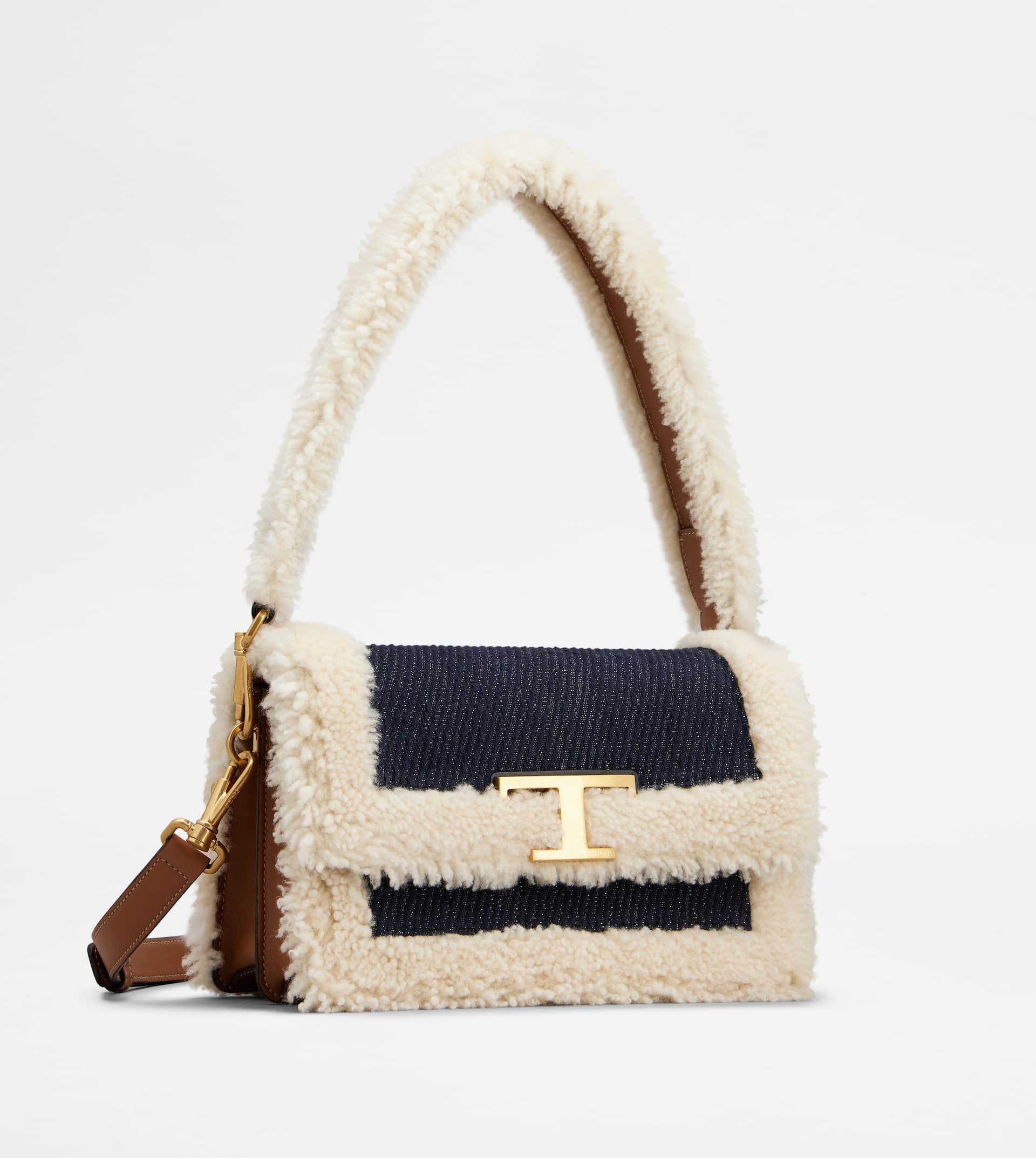 T TIMELESS SHOULDER BAG IN DENIM AND SHEEPSKIN MINI - OFF WHITE, BLUE - 5
