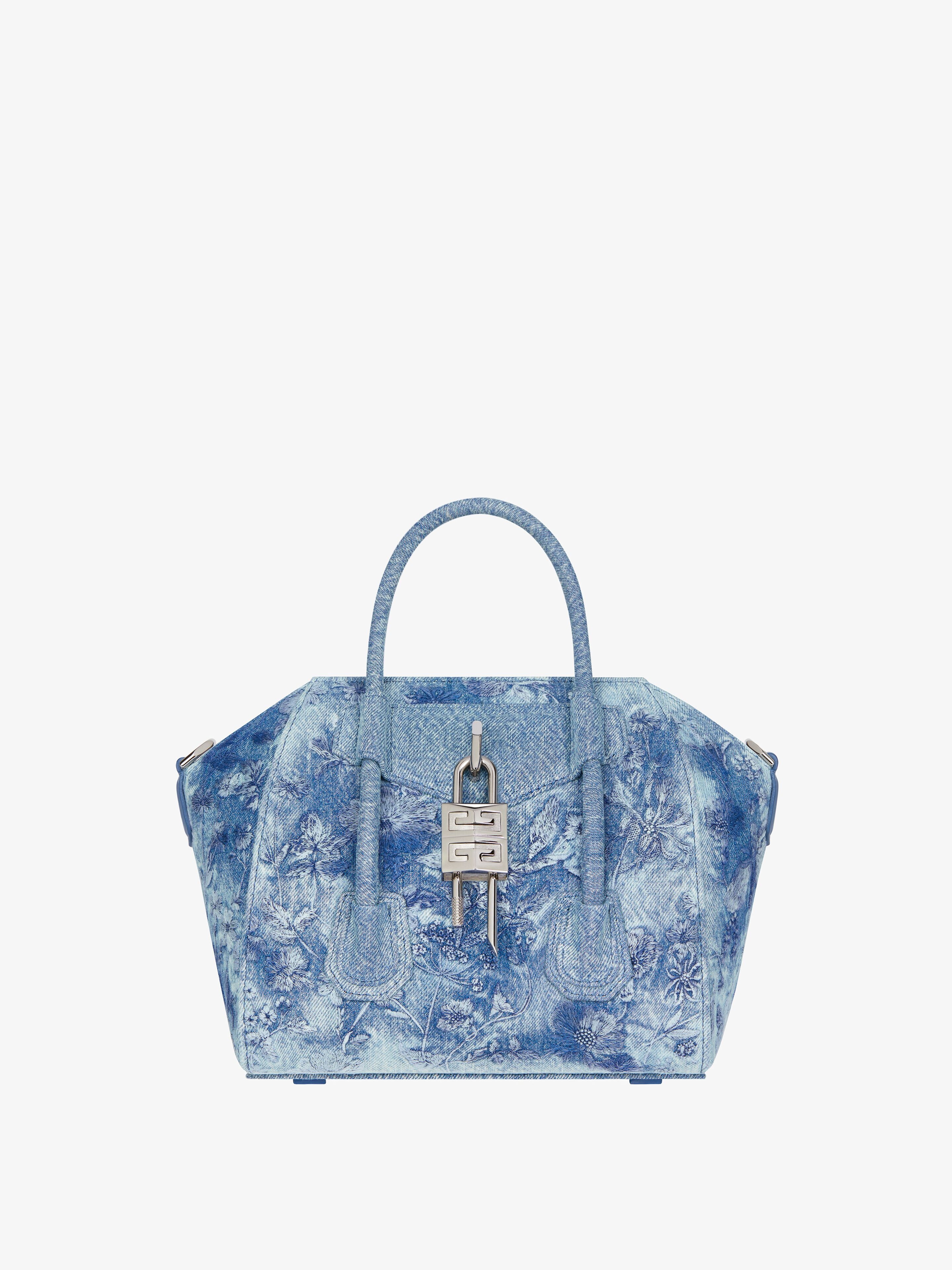 MINI ANTIGONA LOCK BAG IN WASHED EMBROIDERED DENIM - 1