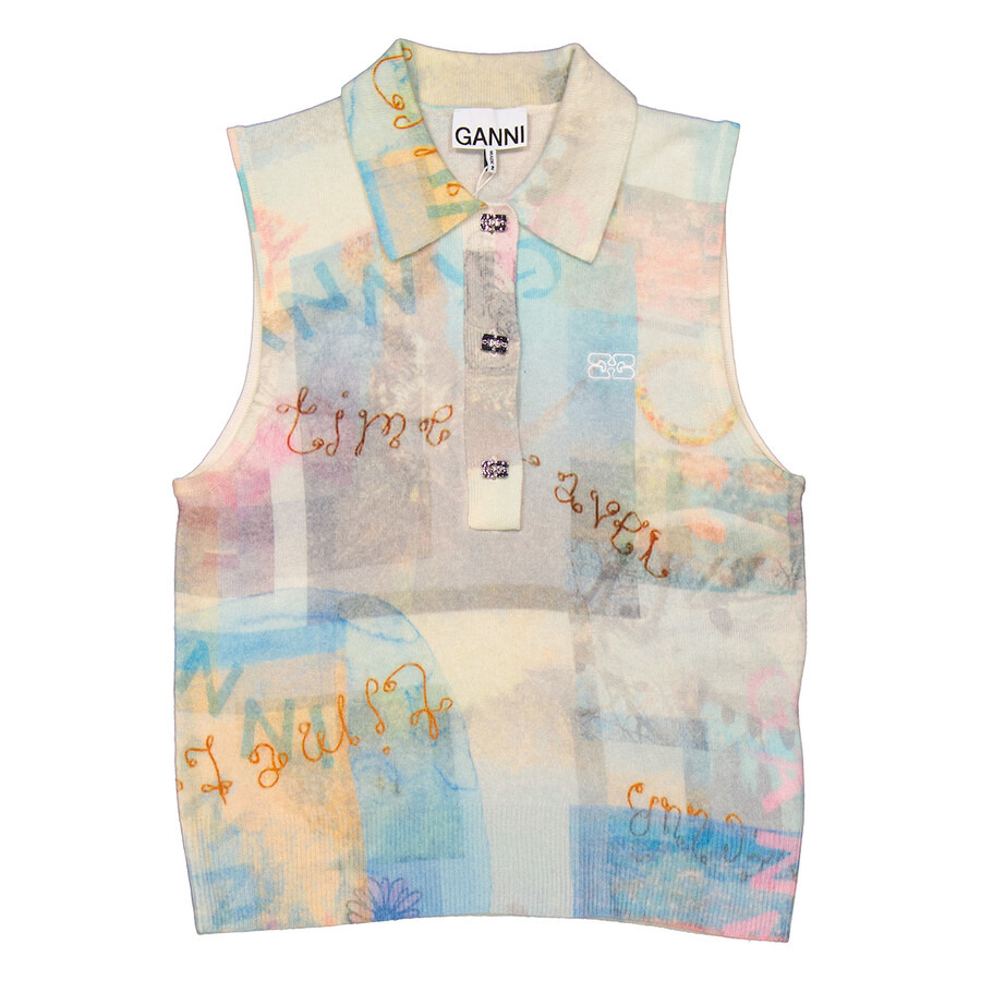 Ganni Abstract Print Cashmere Sleeveless Polo - 1