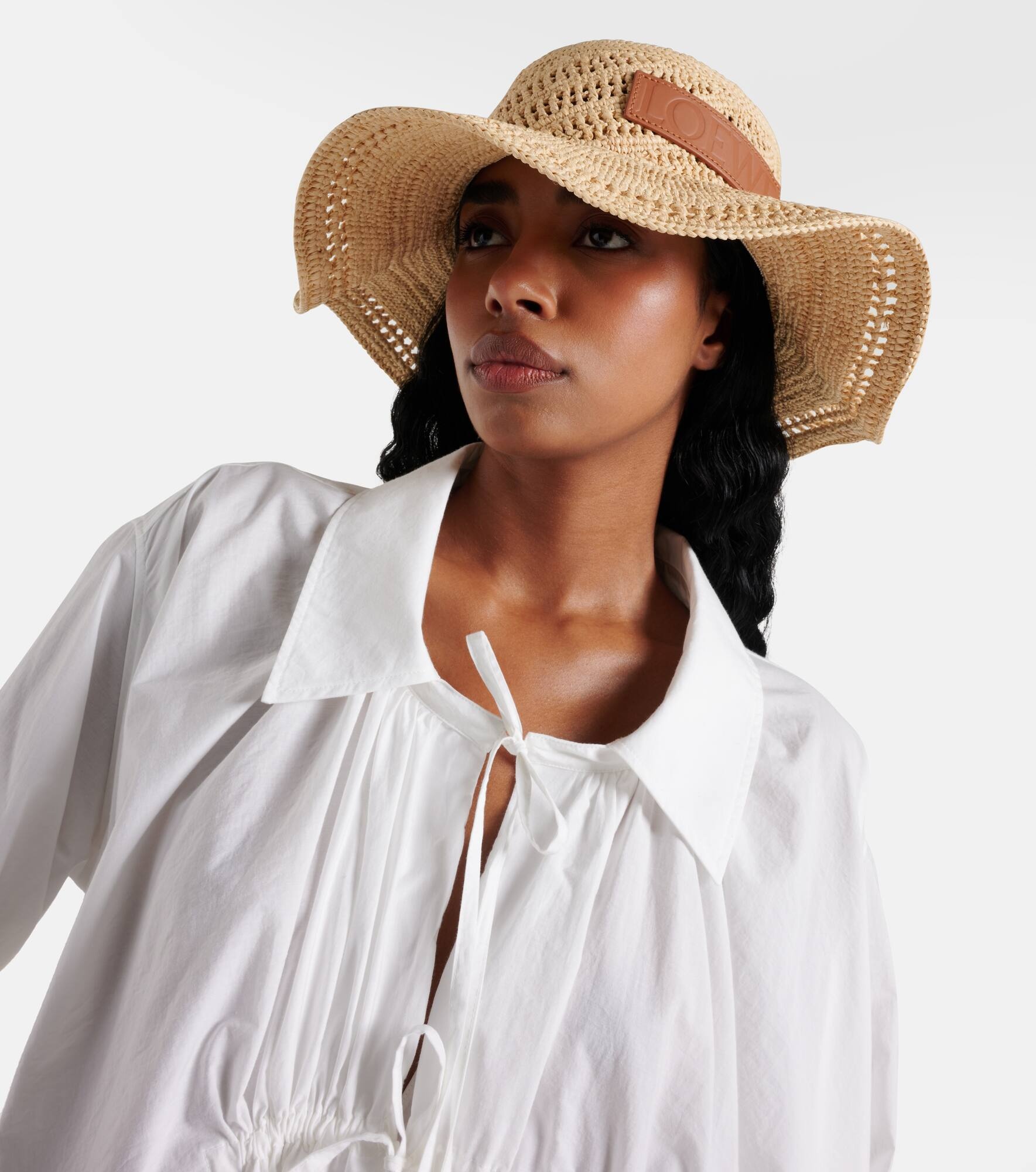 Logo leather-trimmed raffia boater hat - 5