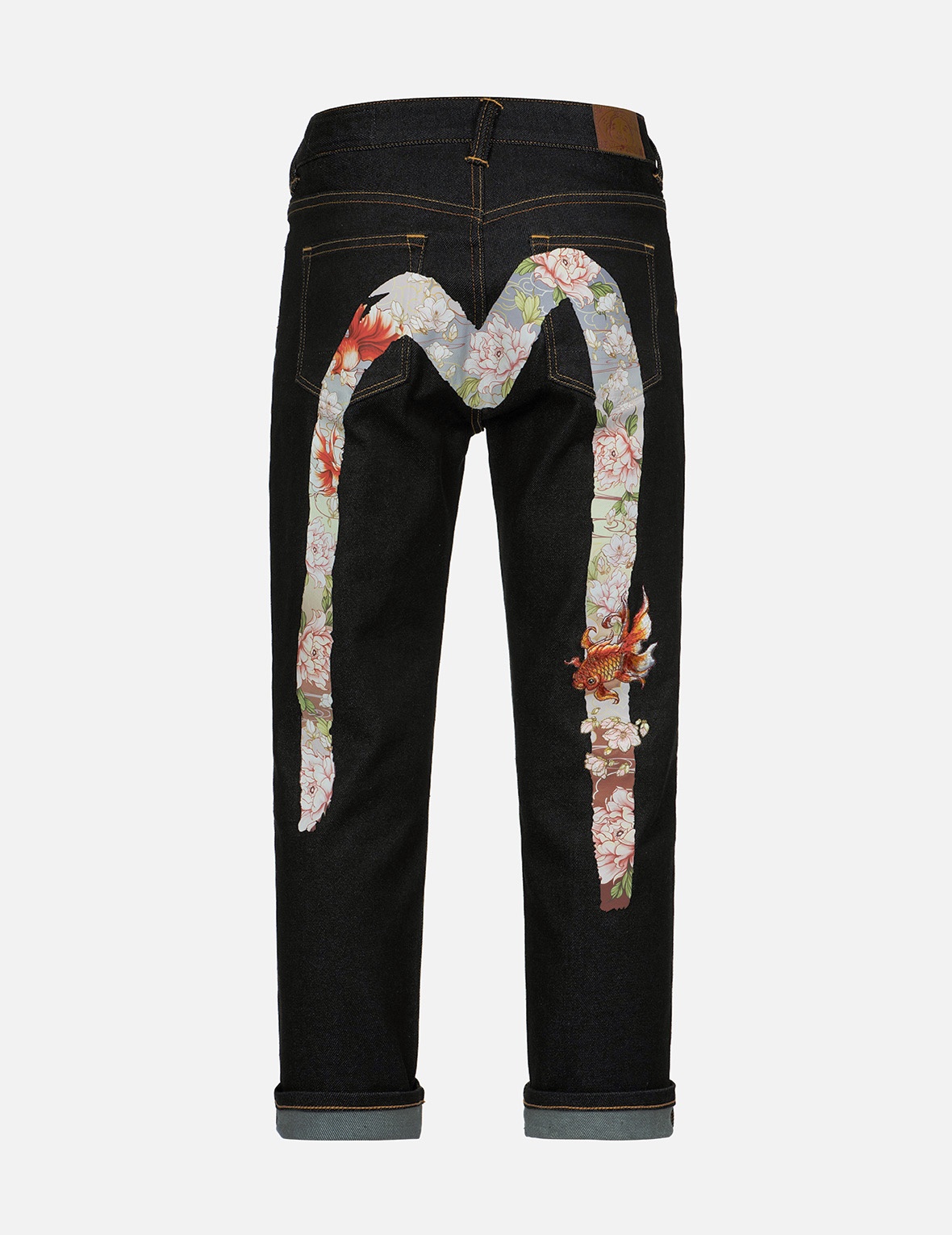 EMBROIDERY GOLDFISH AND FLORAL FLOW BRUSHSTROKE DAICOCK PRINT BOYFRIEND JEANS - 1