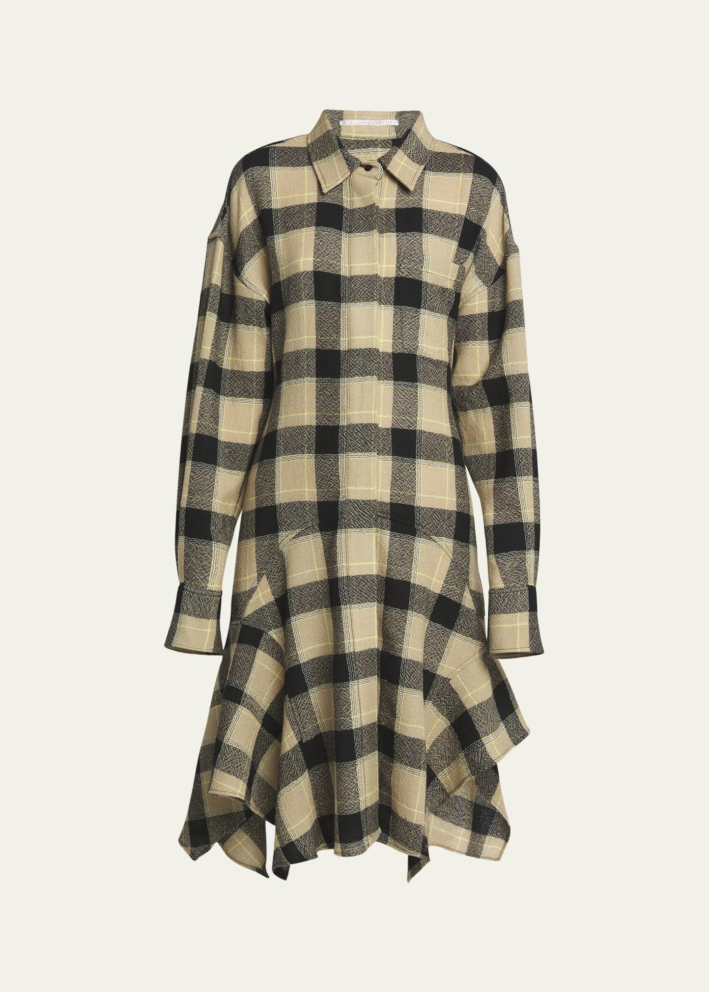 Plaid Wool Asymmetric Midi Shirtdress - 1