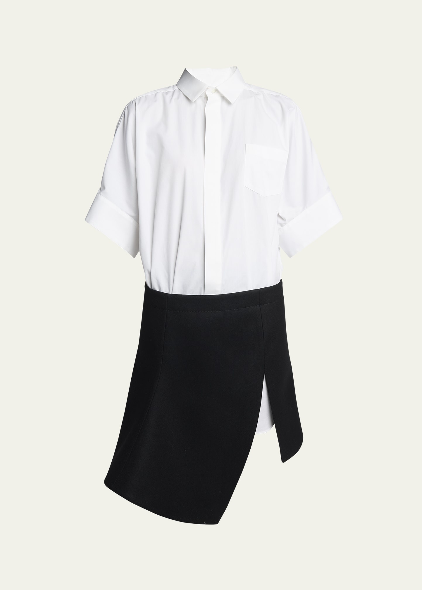 Button Down Midi Shirt Dress With Suiting Asymmetric Skirt - 1