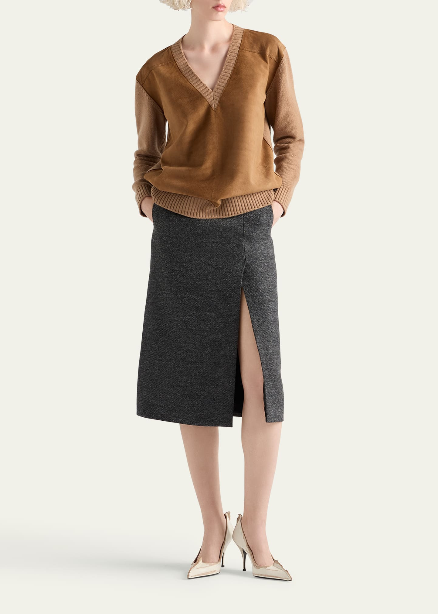Two-Tone Wool Slit Skirt - 2
