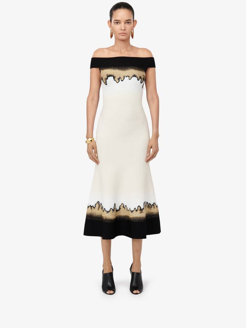 Women's Off-the-shoulder Jacquard Dress in Ivory/black/gold - 5