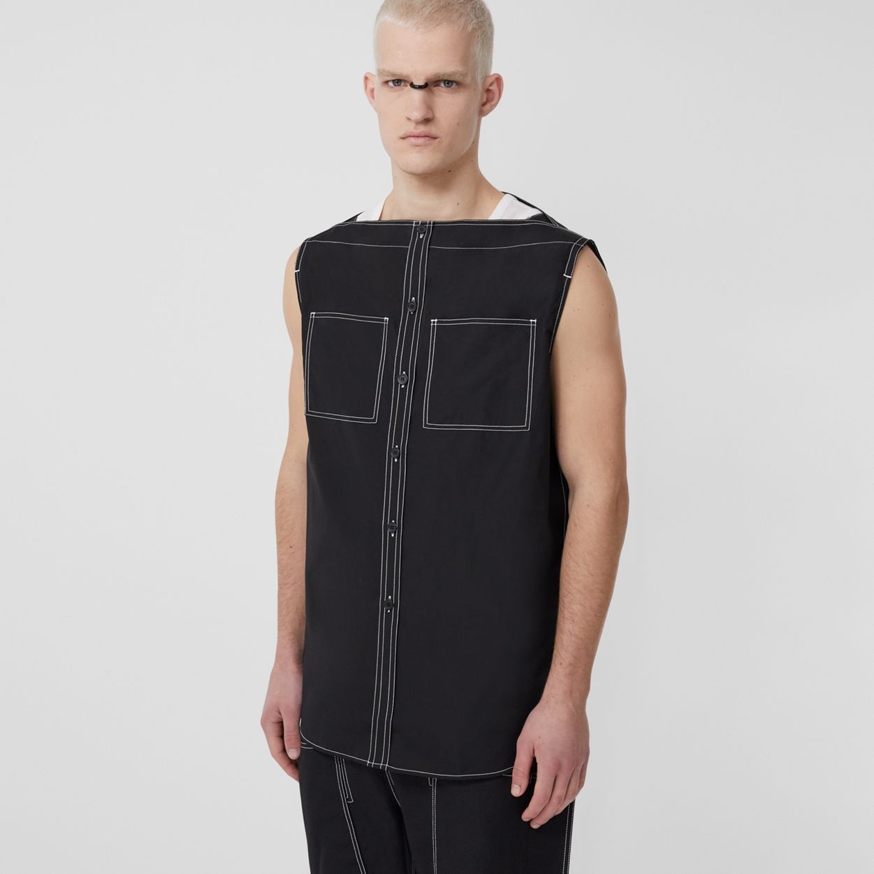 Sleeveless Topstitched Cotton Poplin Shirt - 6