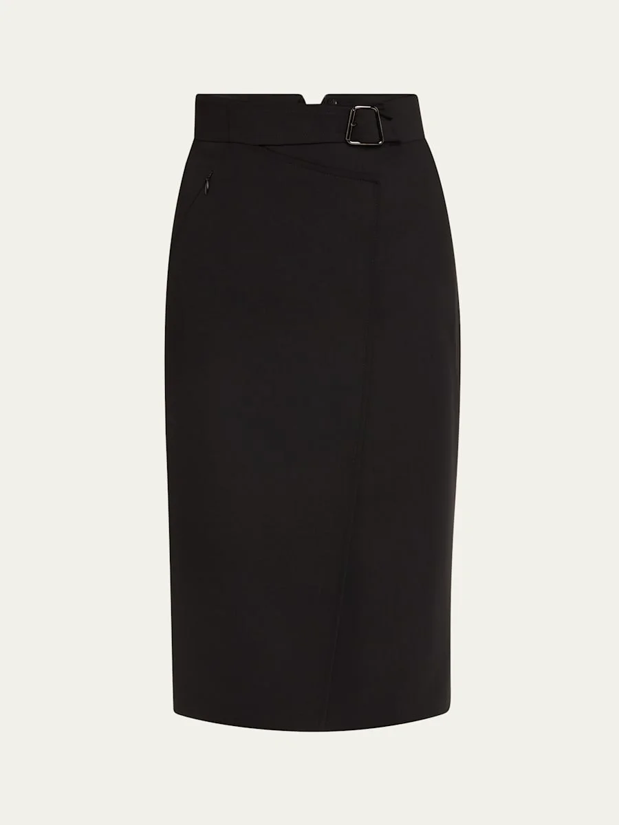 Trapezoid Buckle Wrapped Wool Pencil Skirt - 1