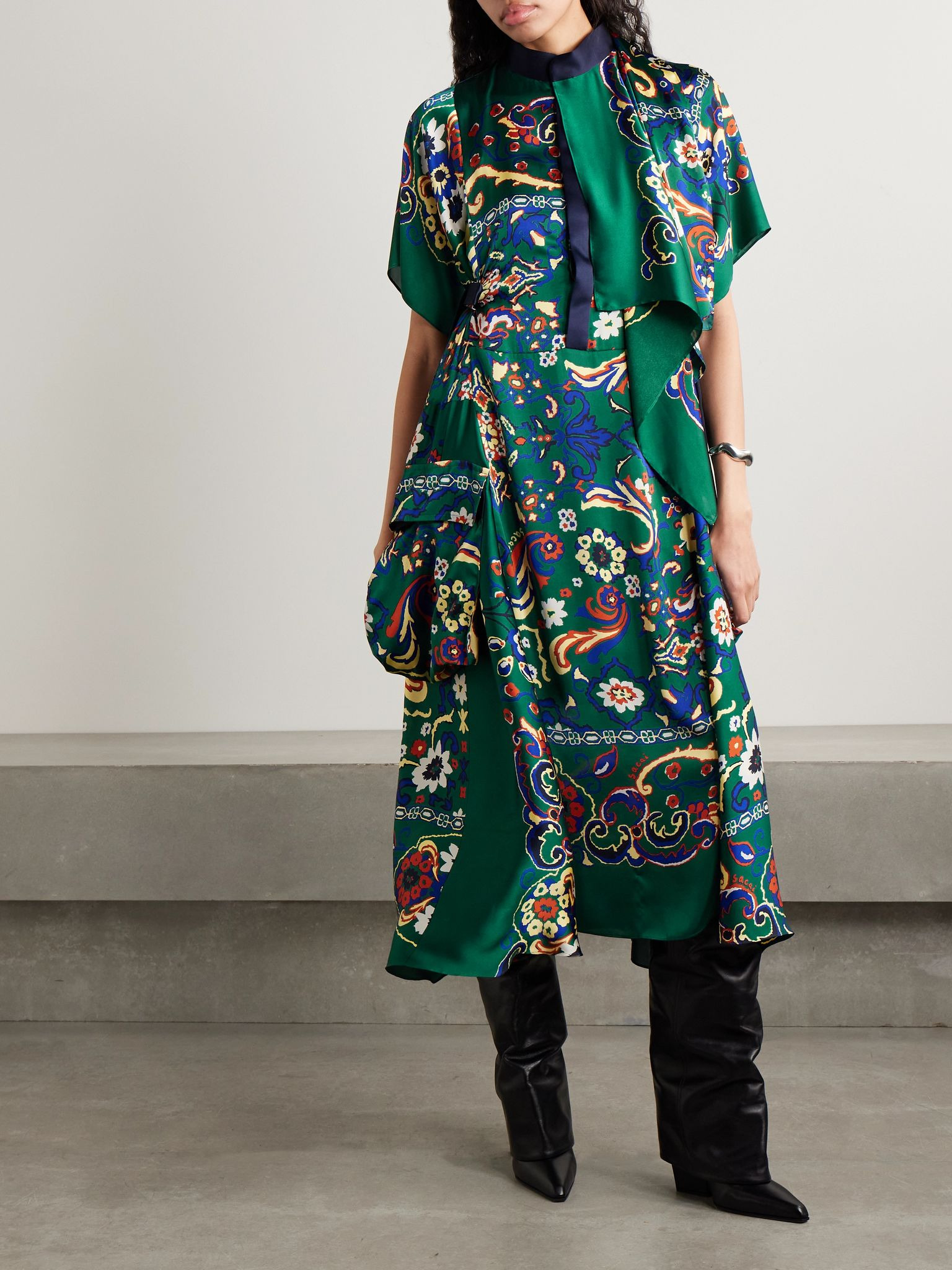 Draped printed satin midi dress Green - 3