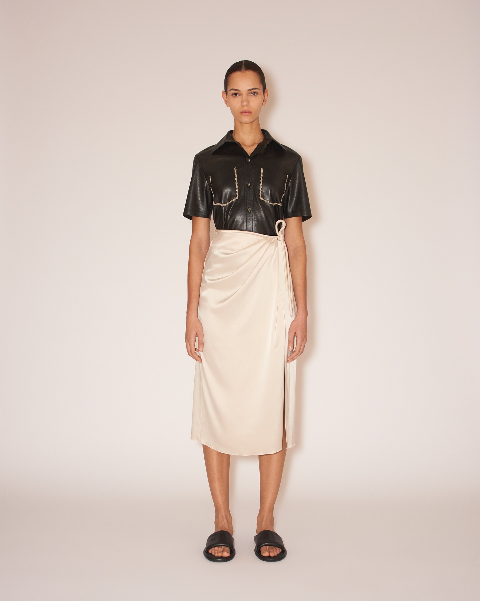 LEA - Glossy satin wrap skirt - Creme - 3
