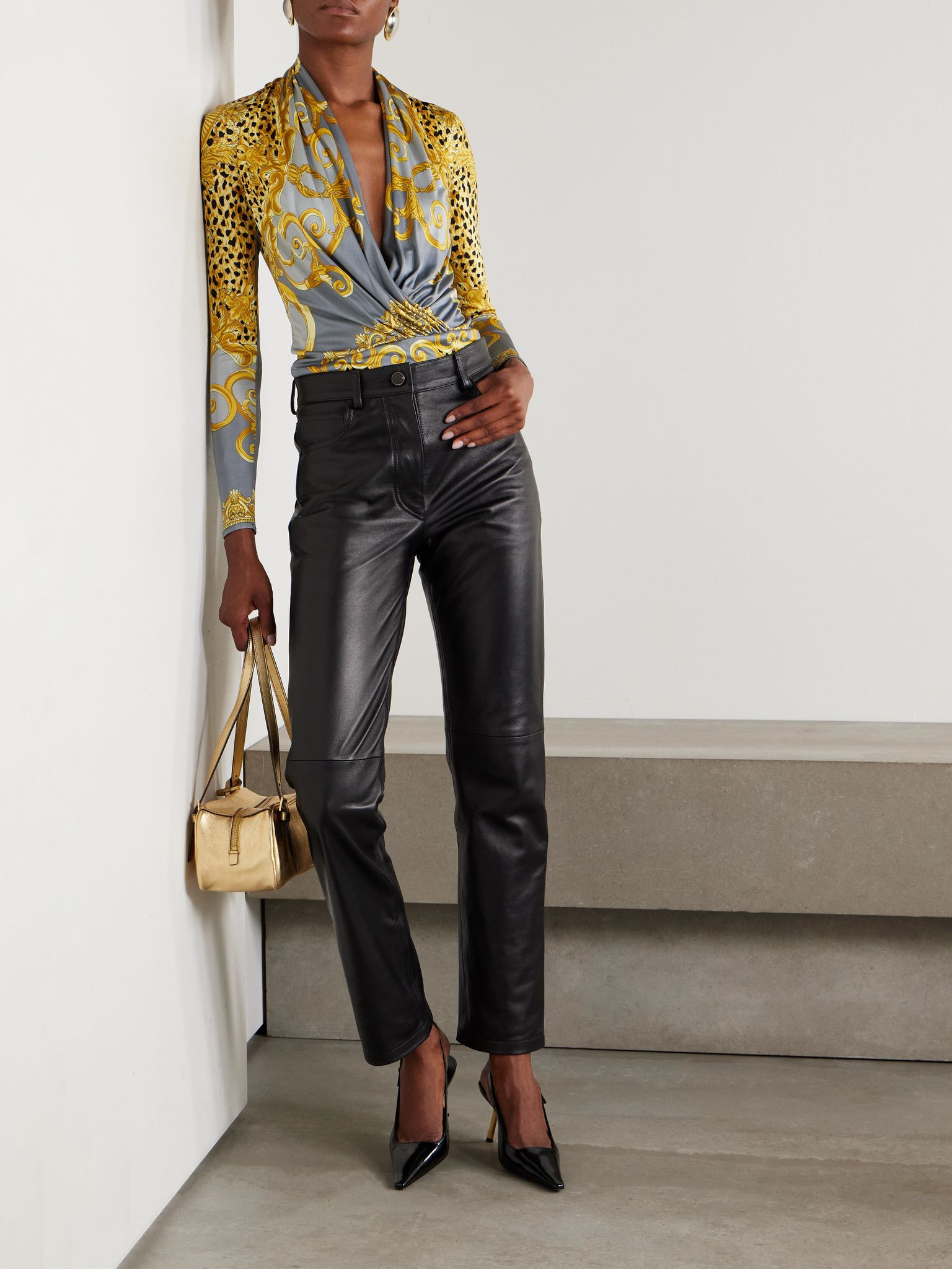 Draped printed satin-jersey bodysuit Yellow - 2