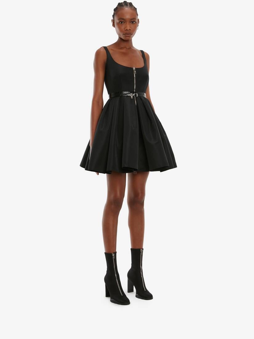Zip Detail Polyfaille Mini Dress in Black - 3