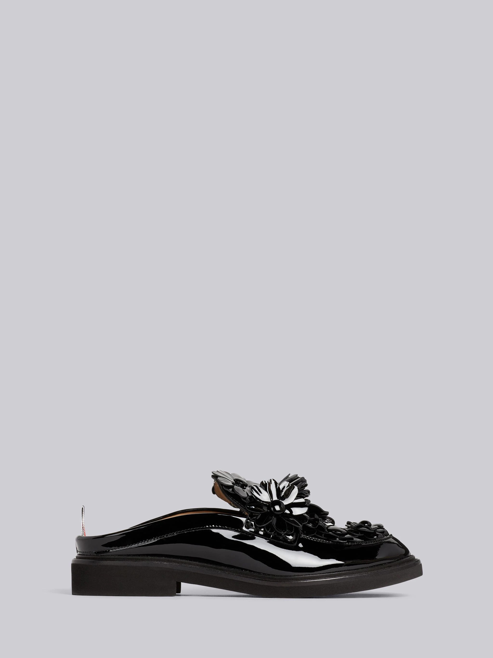 Black Soft Patent Leather Floral Applique Micro Sole Tassel Loafer Mule - 1