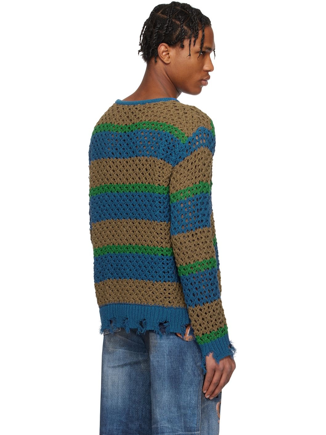 Multicolor Damaged Stripe Boatneck Sweater - 3