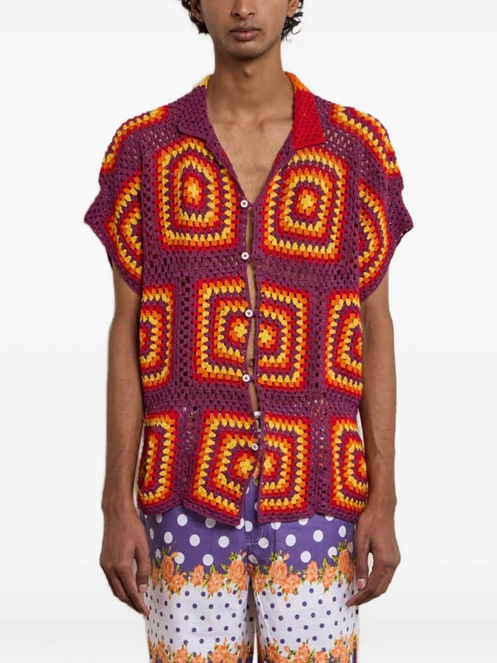 crochet-knit patchwork shirt - 1