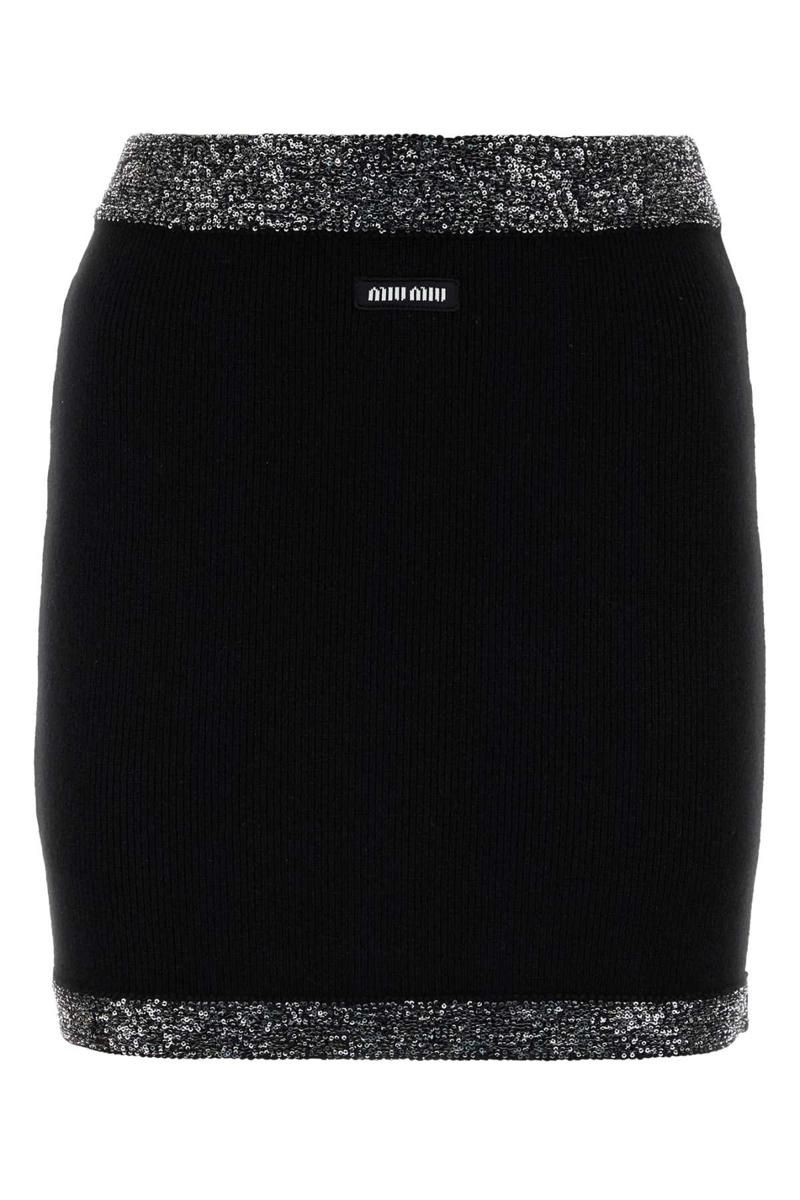 スカート MIU MIU Black Stretch Cashmere Blend Mini Skirt Miu Miu Textured Cotton Skirt in Blu | FWRD