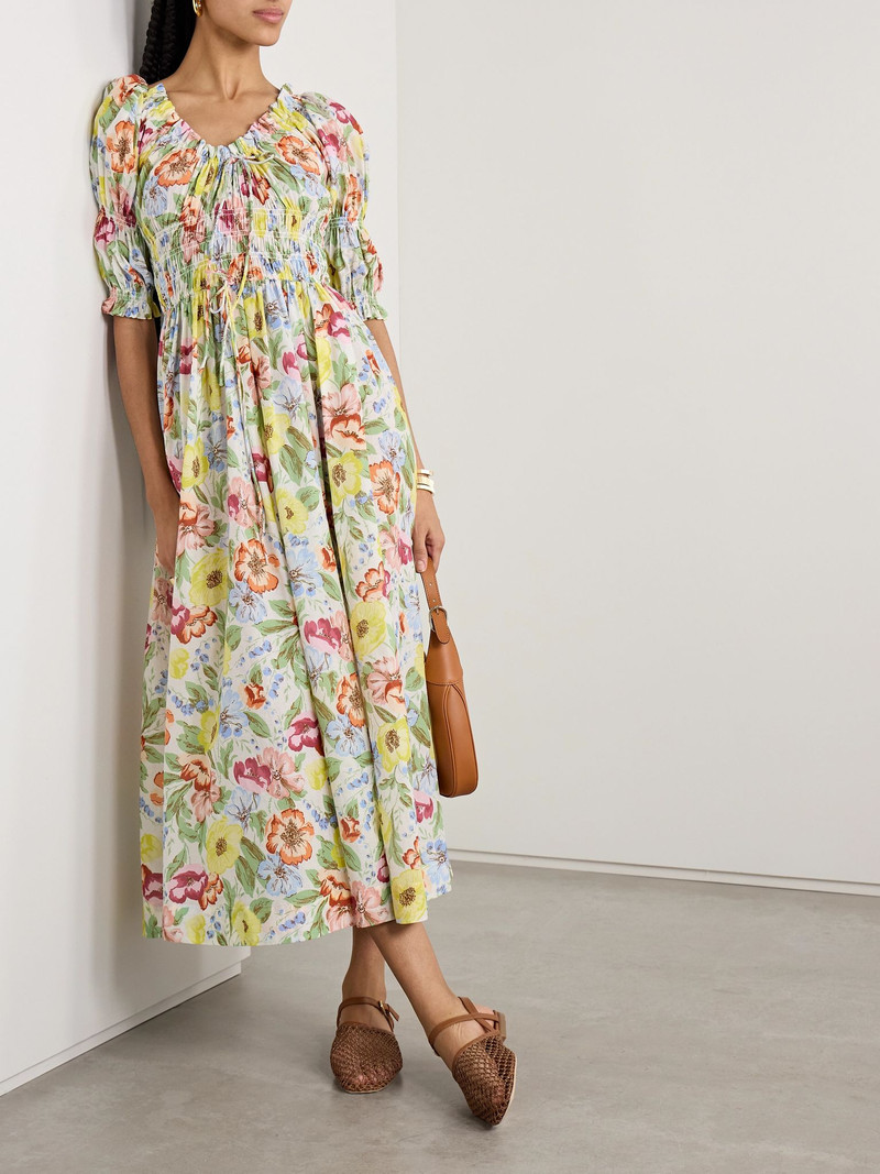 DÔEN Ischia shirred floral-print cotton-voile midi dress Yellow outlook
