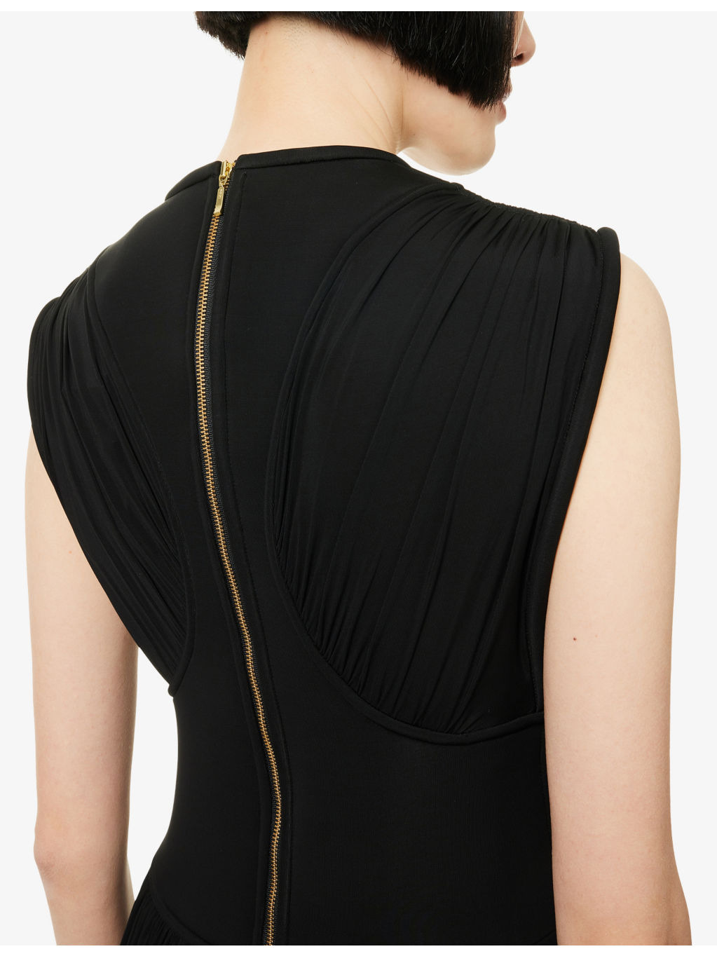 Pleated Round-Neck Stretch-WovenColumn Dress - 6