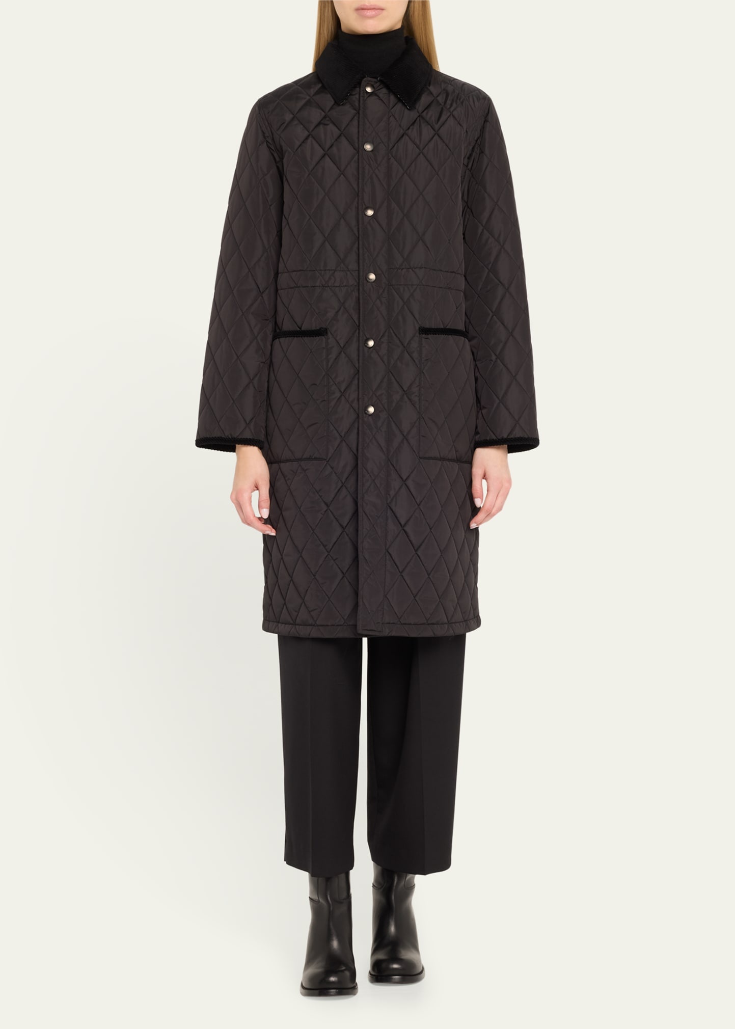 Corduroy-Collar Quilted Long Jacket - 2